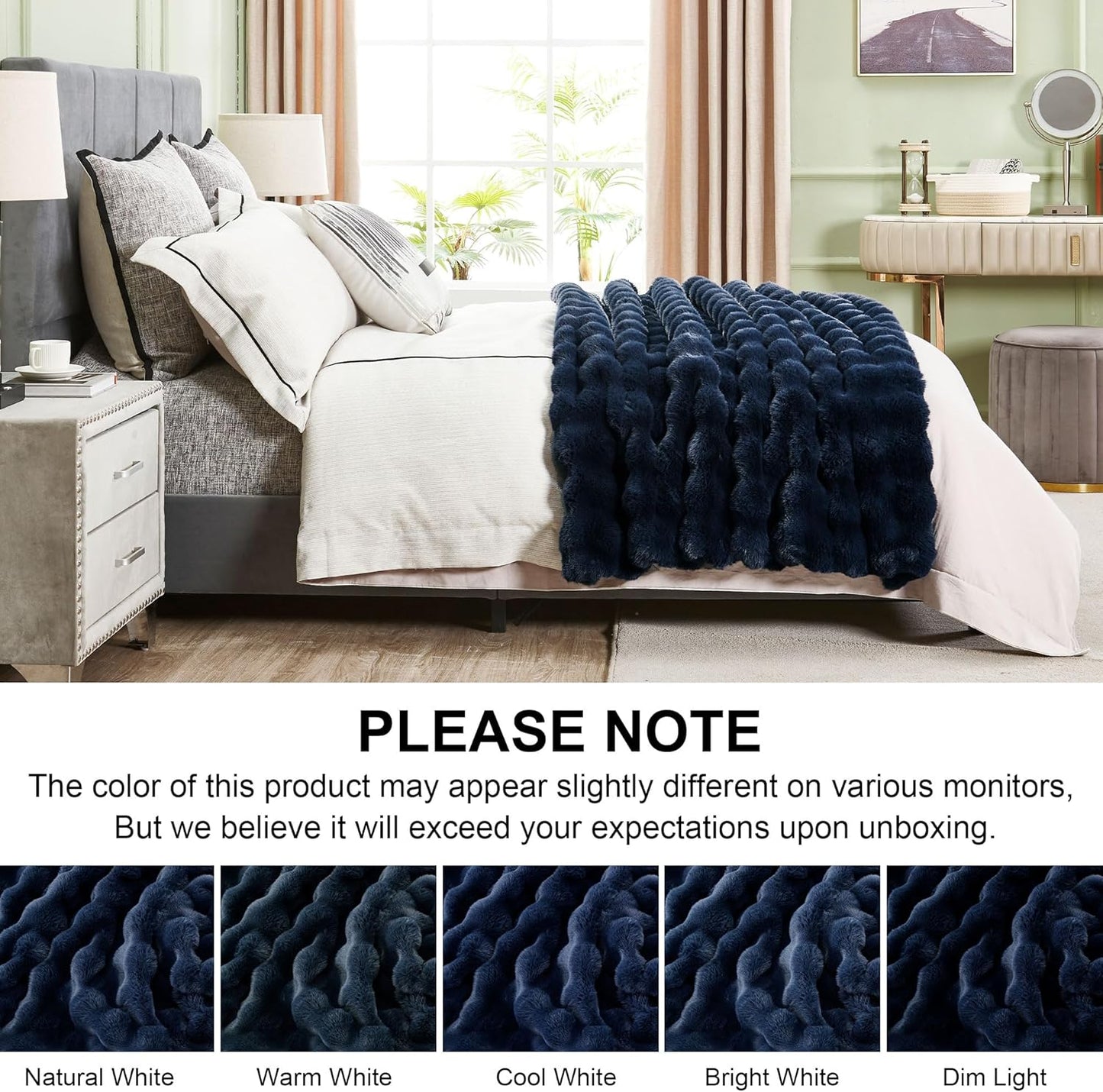 DREAMNINE Large Soft Thick Fuzzy Bubble Faux Rabbit Fur Blanket - Queen Size 80" x 90",Double Sided Comfy Plush Warm Shaggy Fluffy Blankets, Luxury Big Cozy Cute Textured Furry Bed Blanket, Navy Blue