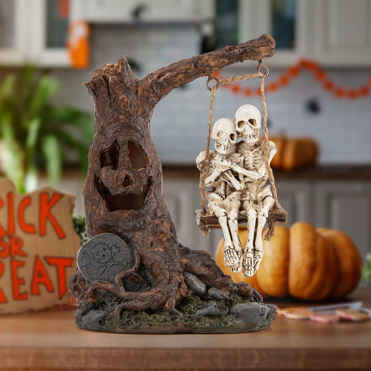 Halloween Skull Statue with Spooky LED Light for Holiday Decorations, Halloween Decor with Romantic Skeleton Couple on Swing Tombstone Tree, Grinning Skull Decor Props Haunted Collectible Gift