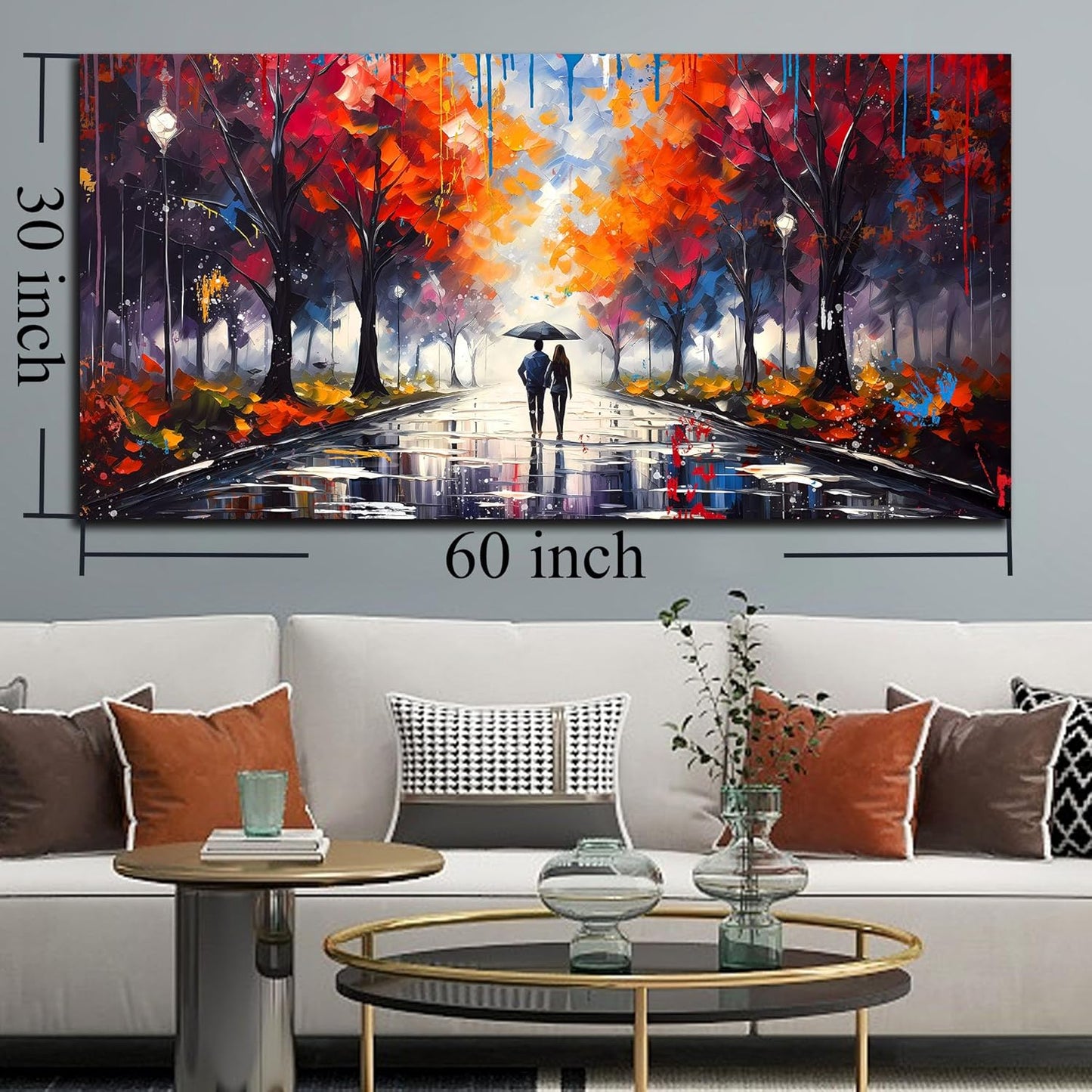 Large Canvas Wall Art for Living Room Bedroom Couple Walking in the Rain Picture Graffiti Red Tree Canvas Prints Framed Home Decor Size 30x60