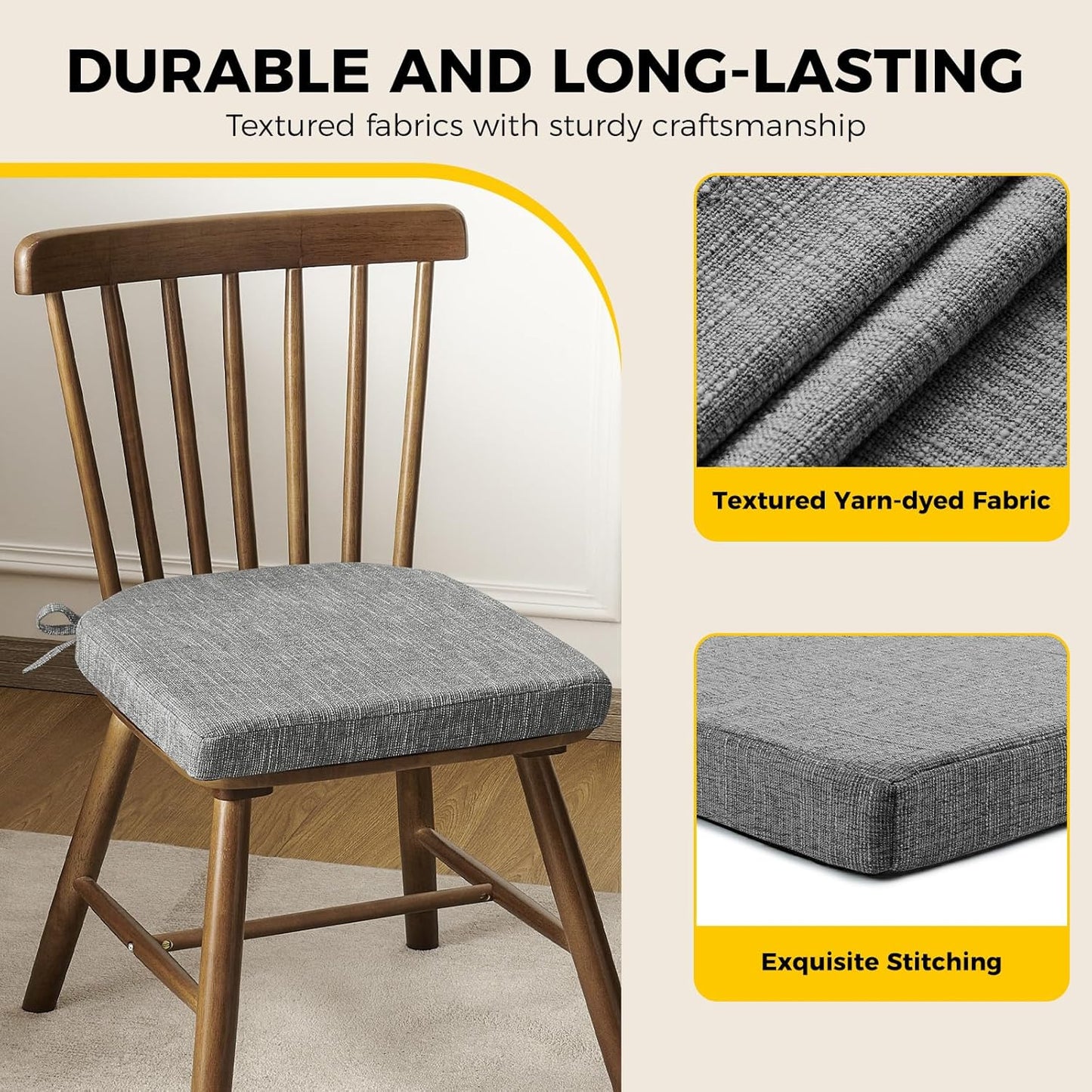 downluxe Indoor Chair Cushions for Dining Chairs, Soft and Comfortable Textured Foam Kitchen Chair Pads with Ties and Non-Slip Backing, 16" x 16" x 2", Dark Grey, 2 Pack