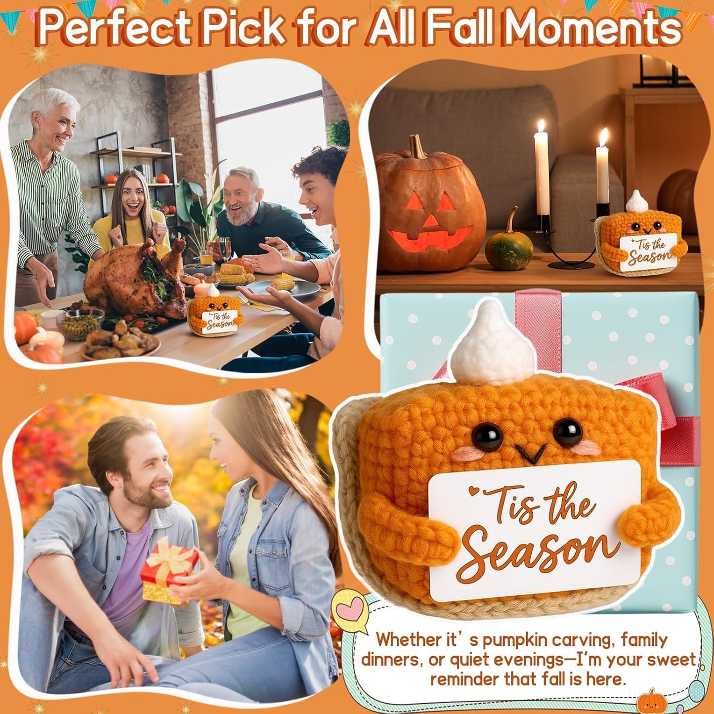 Tis The Season Fall Decor | Mini Crochet Pumpkin Pie Plush | Small Handmade Autumn Halloween Thanksgiving Items for Home Office Indoor Table Decoration Christmas Stocking Stuffer Ornament