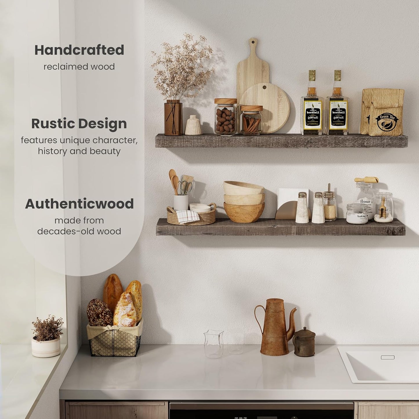 Floating Shelves Reclaimed Barnwood, 8" Deep Solid Wood Floating Shelf Wall Hanging Shelves with Invisible Heavy-Duty Metal Bracket | Wall Mounted | Farmhouse Style | 40 inches,2PCS,Grey