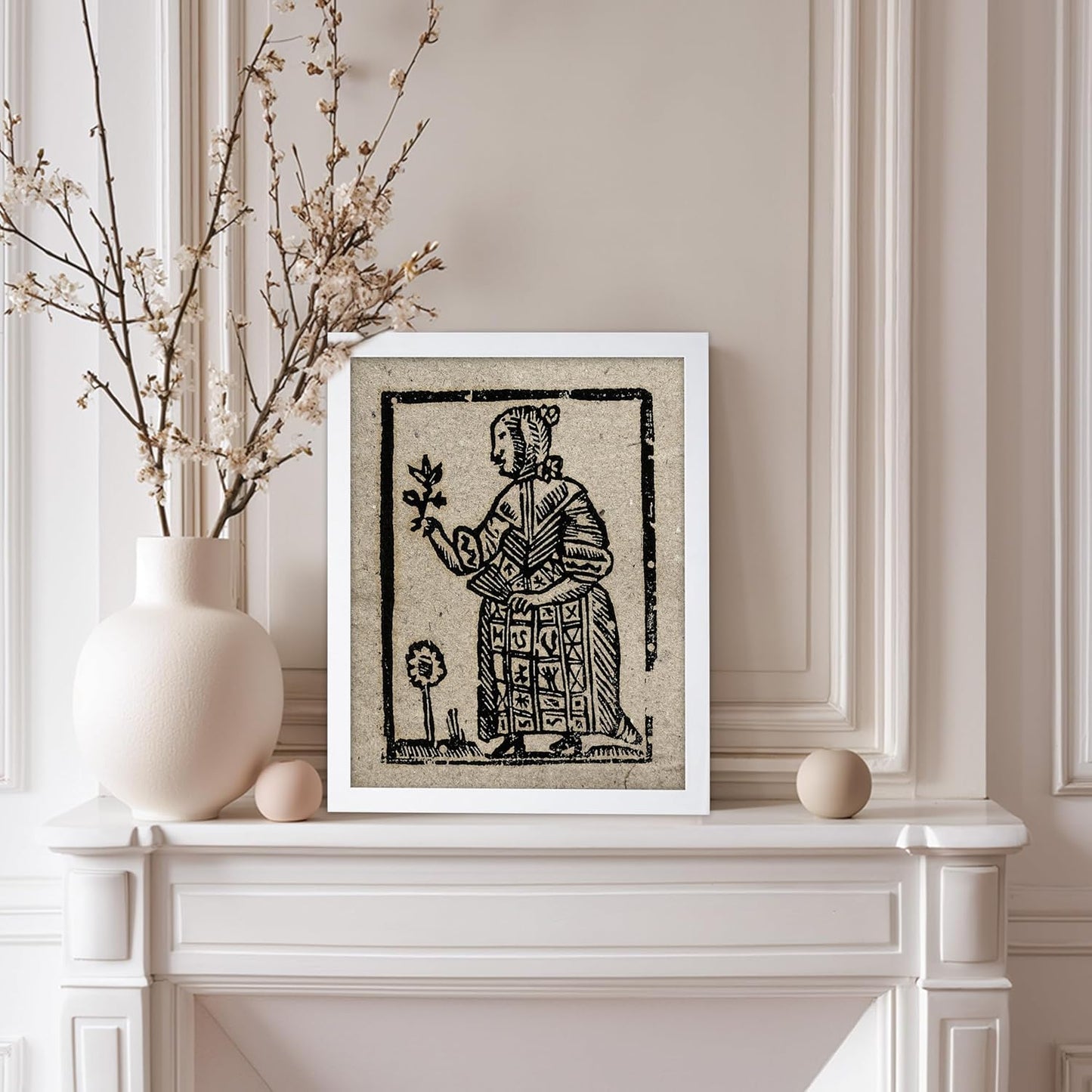 Poster Master Vintage Woodcut Poster - Retro Medieval Print - Gift for Gothic, Horror Fan - Witch Holding a Plant, Magic, Spell, Herbalist - Wall Decor for Bedroom, Dorm, 8x10 White Framed