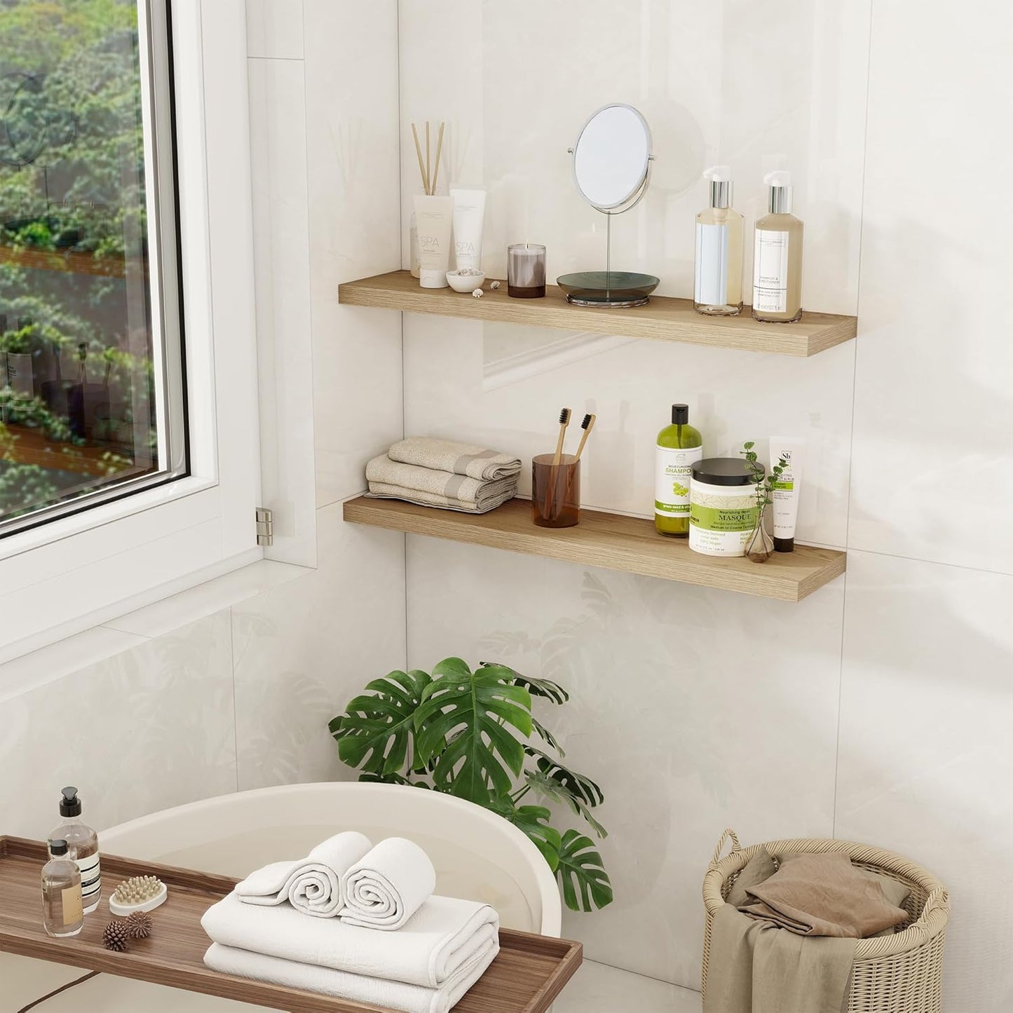 Fun Memories 30" Rustic Wood Deep Floating Shelves for Wall, Invisible Brackets for Decor & Storage, Living Room, Bathroom (Oak, Set of 2)