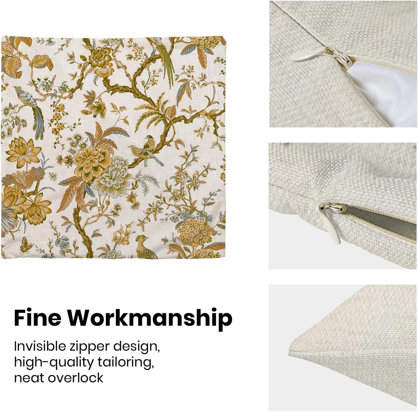 CXMEIFLY Summer Floral Birds Pillow Covers 16 x 16 Inch Set of 2 for Chinoiserie Flowers Spring Decor Throw Pillows Mustard Yellow Plant Outdoor Decorative Cushion Cases for Couch Bed Decorations