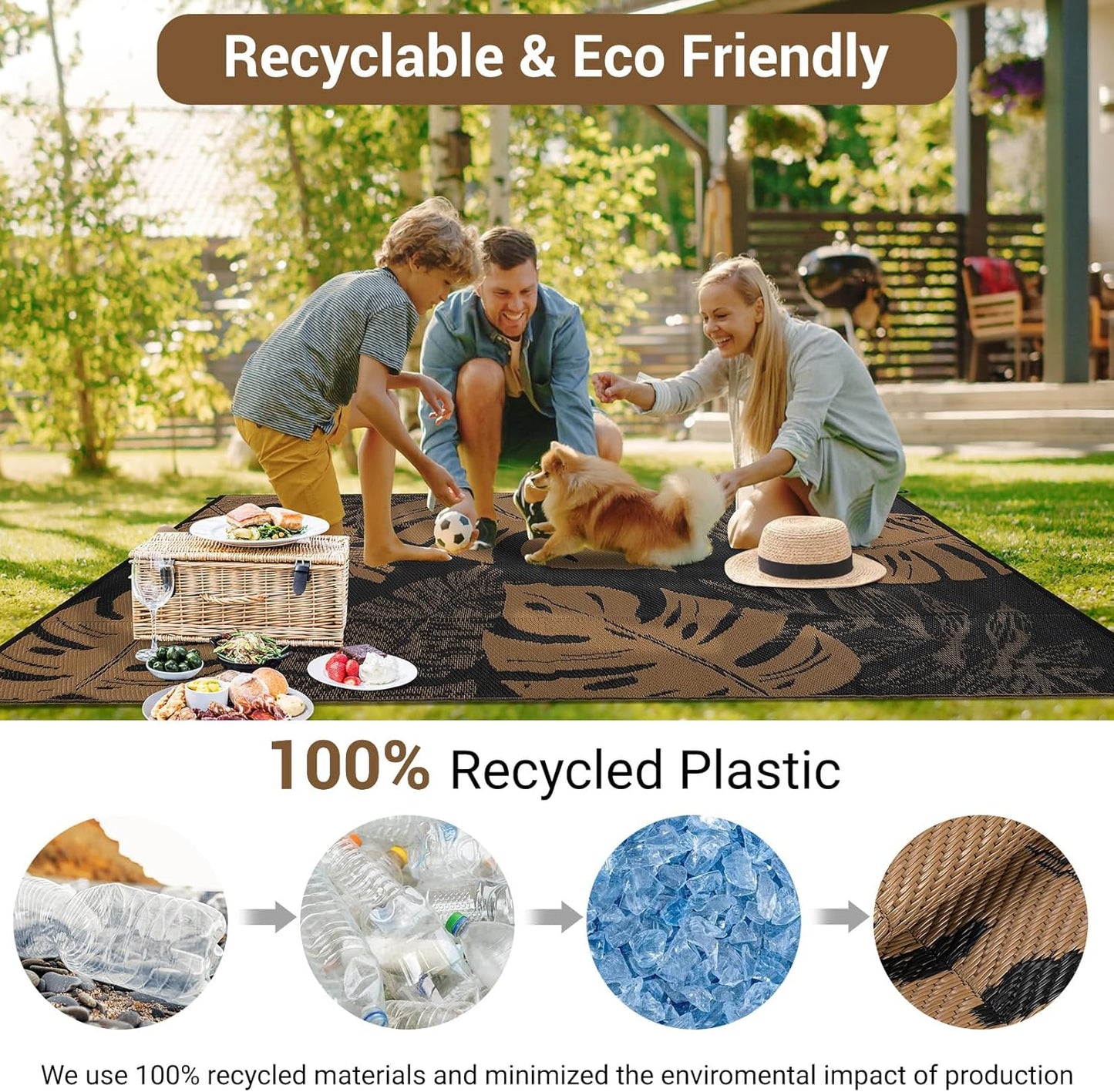 GAOMON Outdoor Rug Waterproof 9x12 Outdoor Plastic Straw Rug for Patio, Reversible Modern Camping Mat with Bag & Stakes, UV Resistant & Easy to Clean Carpet for RV, Deck, Balcony, Porch, Brown