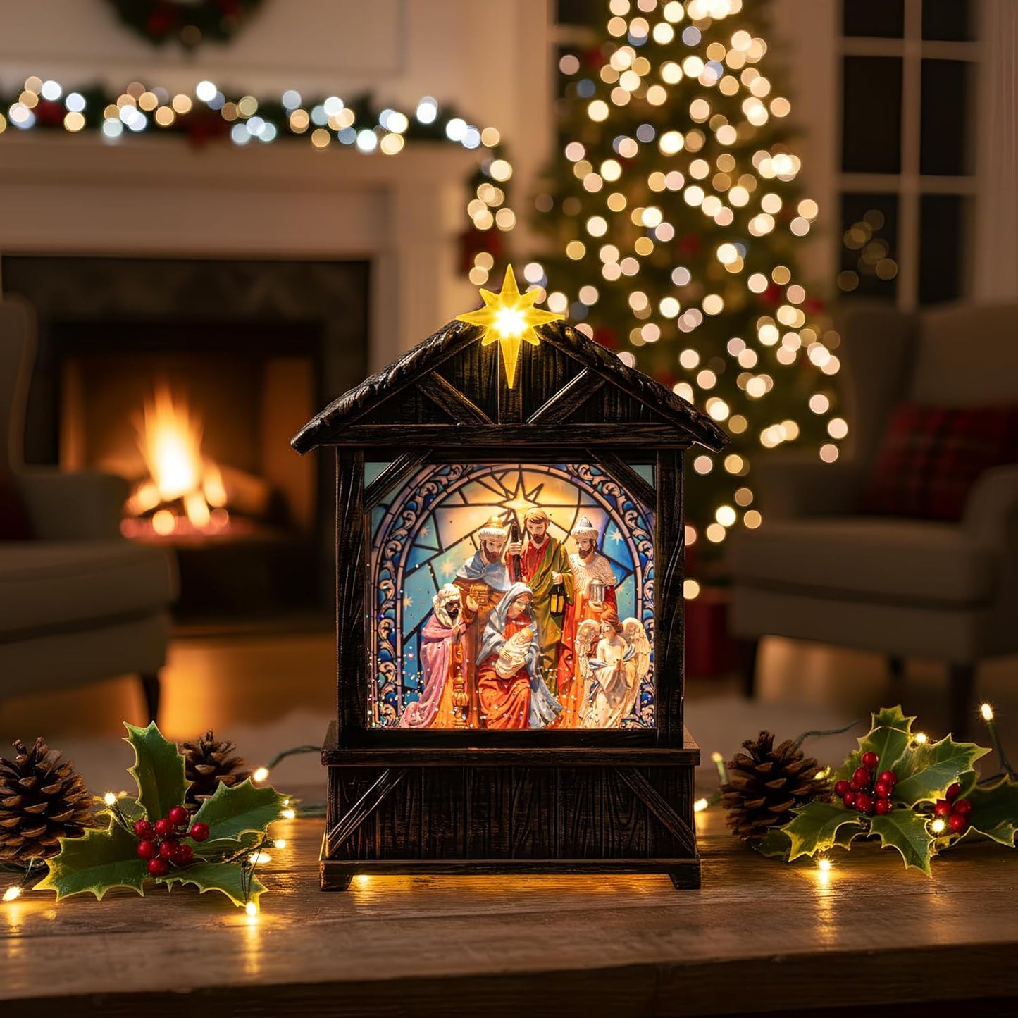 Christmas Snow Globe Lantern Water Glittering Nativity Manger with Star, USB Lined/Battery Operated Lighted Lantern for Christmas Festival Decoration Gifts