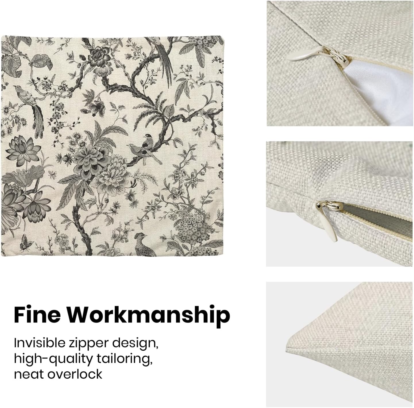 CXMEIFLY Spring Floral Birds Pillow Covers 18 x 18 Inch Set of 2 for Chinoiserie Flowers Decor Throw Pillows Black and White Plant Outdoor Decorative Cushion Cases for Couch Bed Decorations