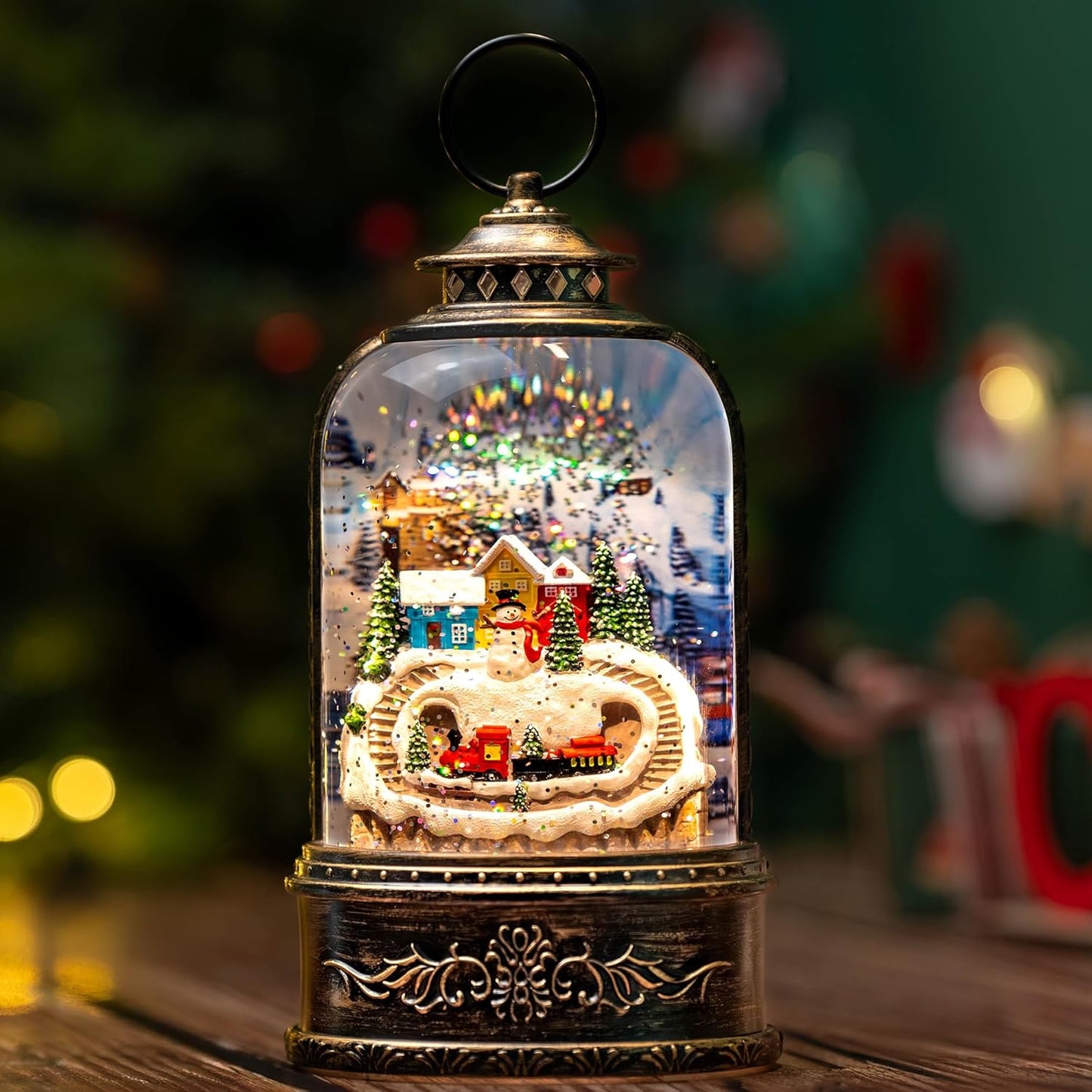 Christmas Snow Globe Lantern Water Glittering Snowman & Train with Music & Timer, USB Lined/Battery Operated Lighted Lantern for Christmas Festival Decoration Gifts