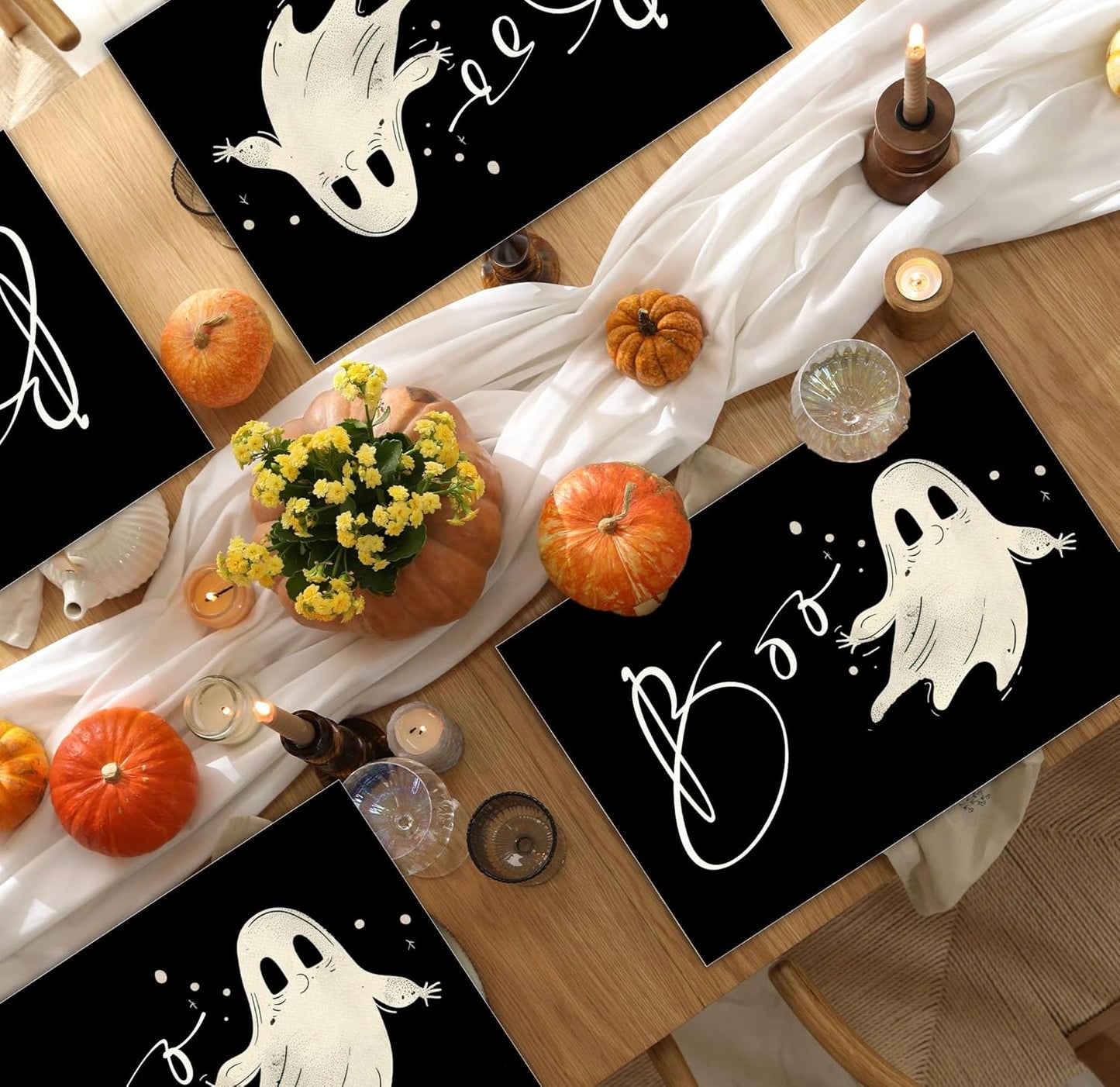 Funny Halloween Placemats Set of 4, 12x18 Inch Boo Decorative Table Mats, Washable Heat Resistant Place Mats for Kitchen Dining Table, Halloween Themed Decoration for Home-B03