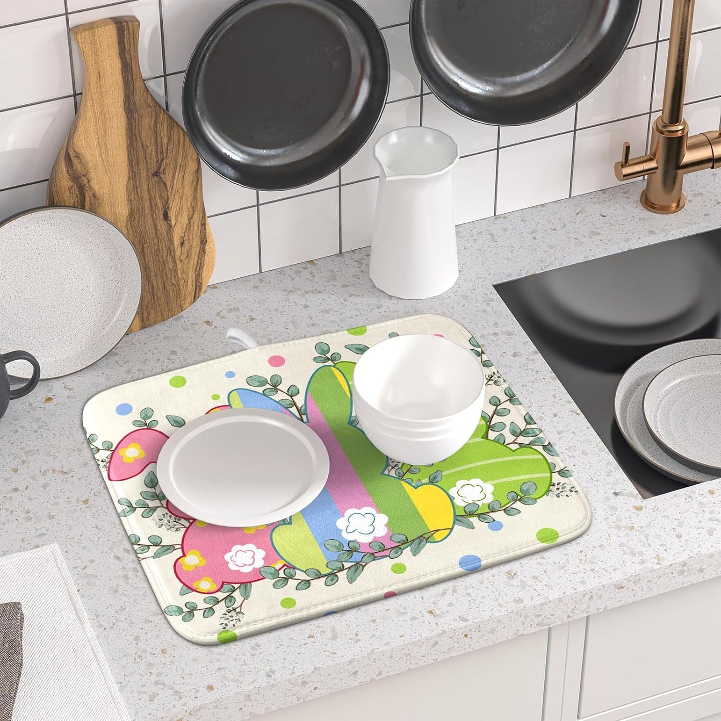 Easter Dish Drying Mat for Kitchen Counter Cute Bunny Rabbit Festival Seasonal Absorbent Reversible Microfiber Kitchen Countertop Protector Dishes Pad Large 16x18 inch