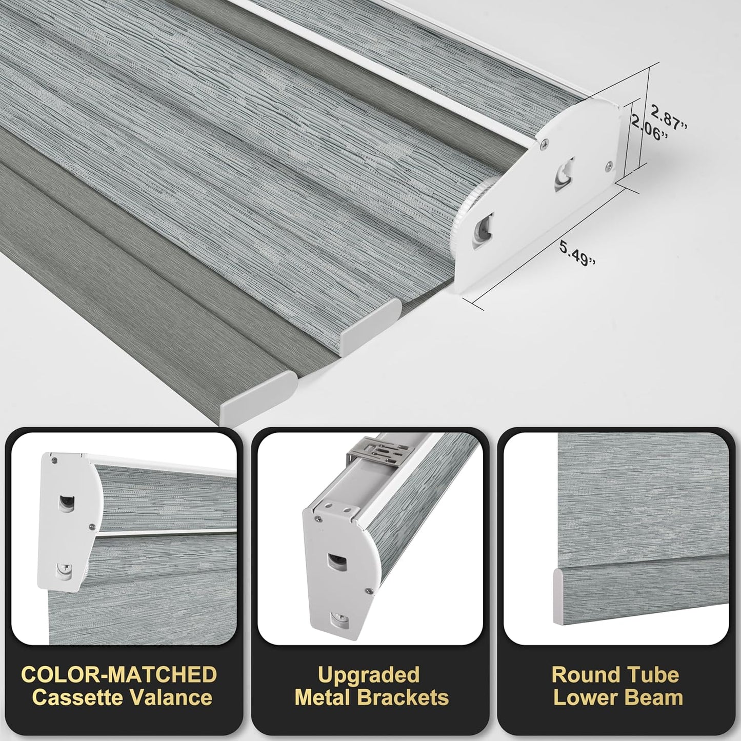 BERISSA Cordless Dual Roller Shades with Cassette Valance, Double Window Shades - Blackout and Light Filtering, Day and Night for Home Office Door. Striped Jacquard Grey. 58 W x 36" H