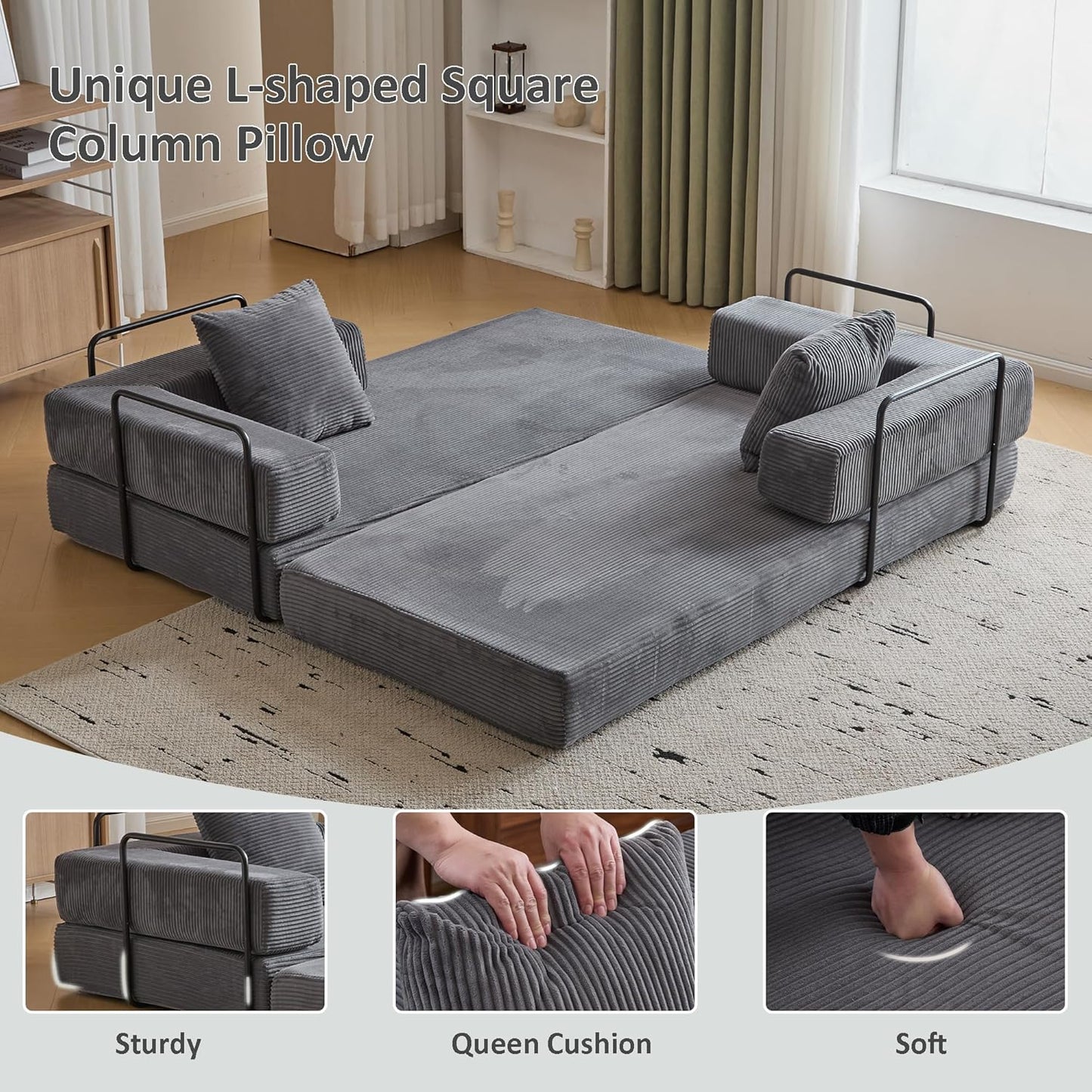 Convertible Sleeper Sofa Bed, Compression Folding Sofa with Pillow, No Assembly Required, Shape Frame, Floor Sofas Lounge Couch for Living Room, Bedroom, Small Spaces(Corduroy, 77''W, Dark Grey)