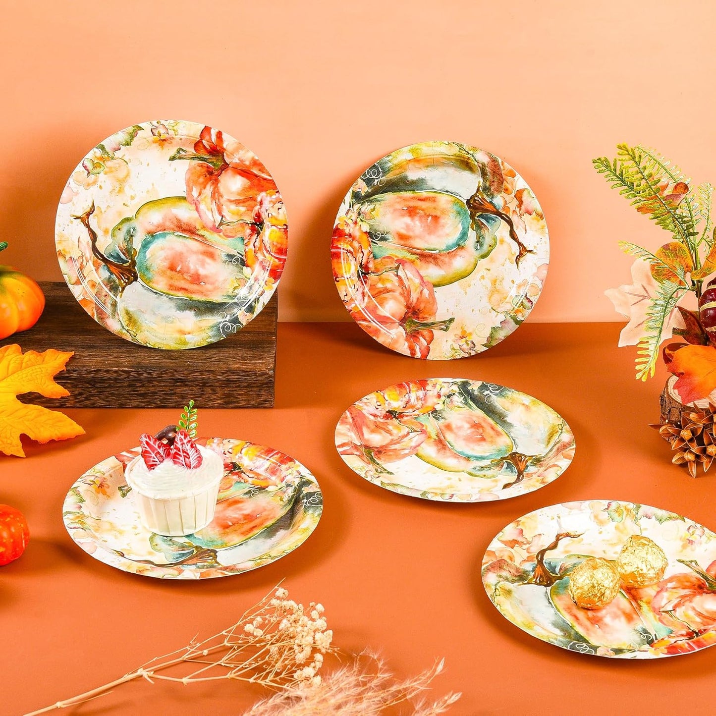 Fall Dessert Plates Thanksgiving Pumpkin Paper Plates 7" Autumn Watercolor Pumpkins Party Plates Harvest Teal and Orange Pumpkins Disposable Decorative Dessert Plates (48)