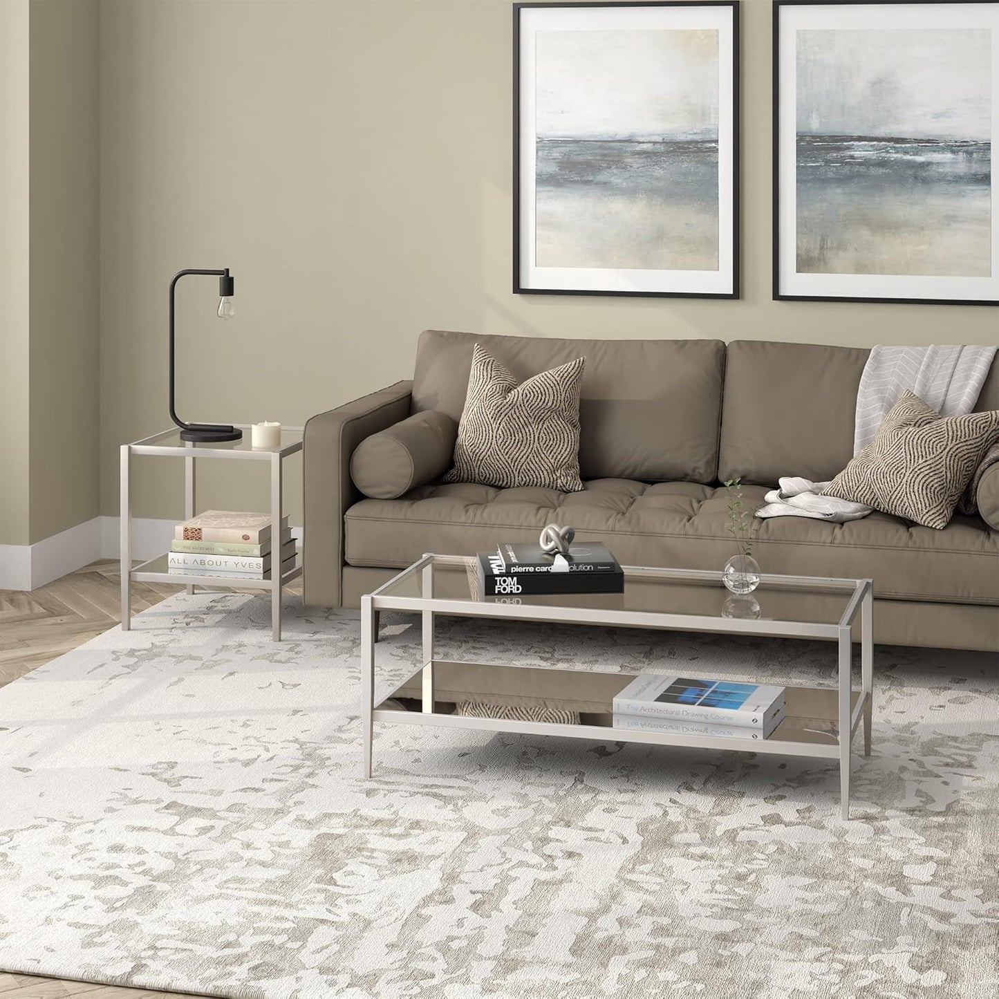 Henn&Hart 45" Wide Rectangular Coffee Table with Mirror Shelf in Satin Nickel, Coffee Table coffee tables for living room, studio apartment essentials