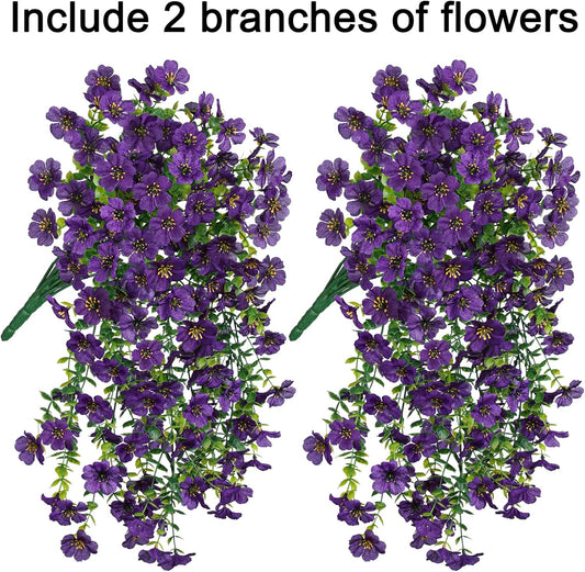 Artificial Faux Hanging Flowers Plants for Spring Outdoor Outside Decoration, 2 PCS Fake Silk Daisy with Eucalyptus UV Resistant Realistic Trailing Vines for Balcony Patio Porch (Dark Purple)