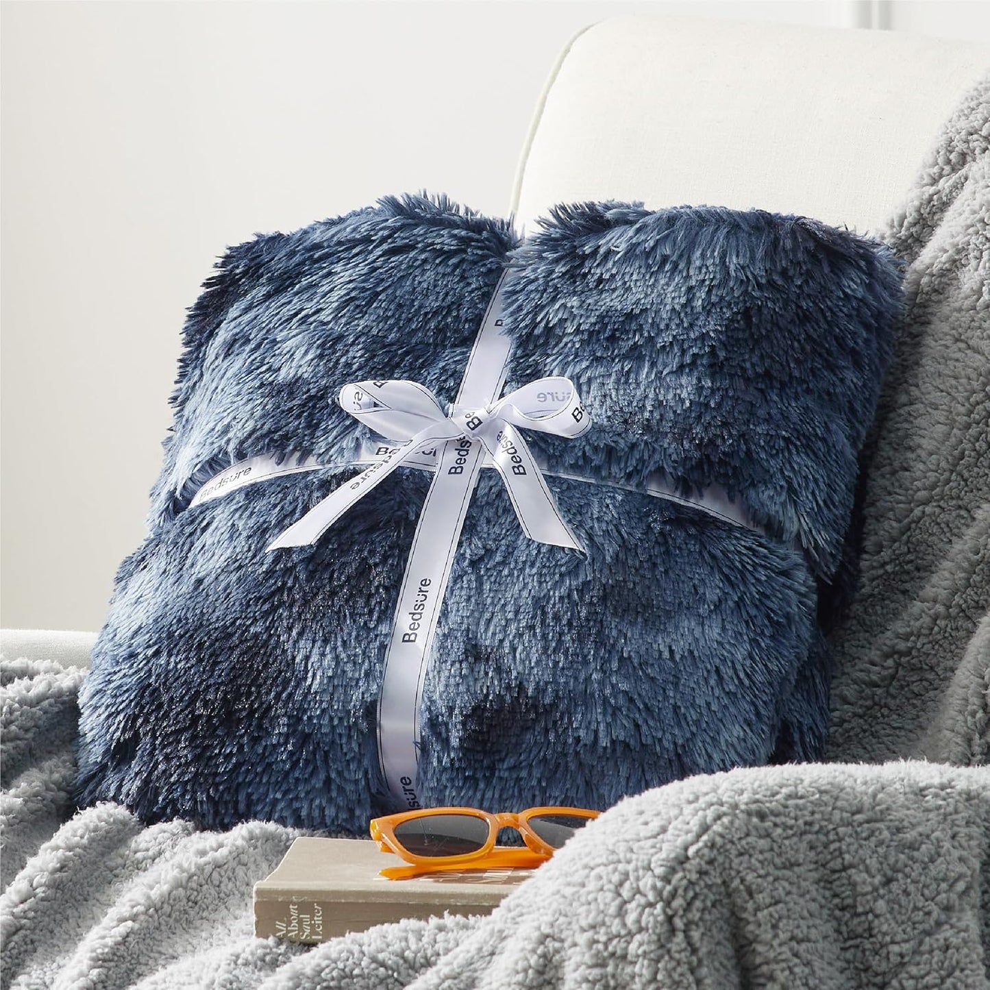 Bedsure GentleSoft Fluffy Tie Dye Navy Blue Blankets Queen Size for Bed, Thick Sherpa Faux Fur Fleece Fuzzy Plush Winter Warm Soft Queen Blankets, Bedroom Decor Blue Cozy Gifts for Women Men, 90x90