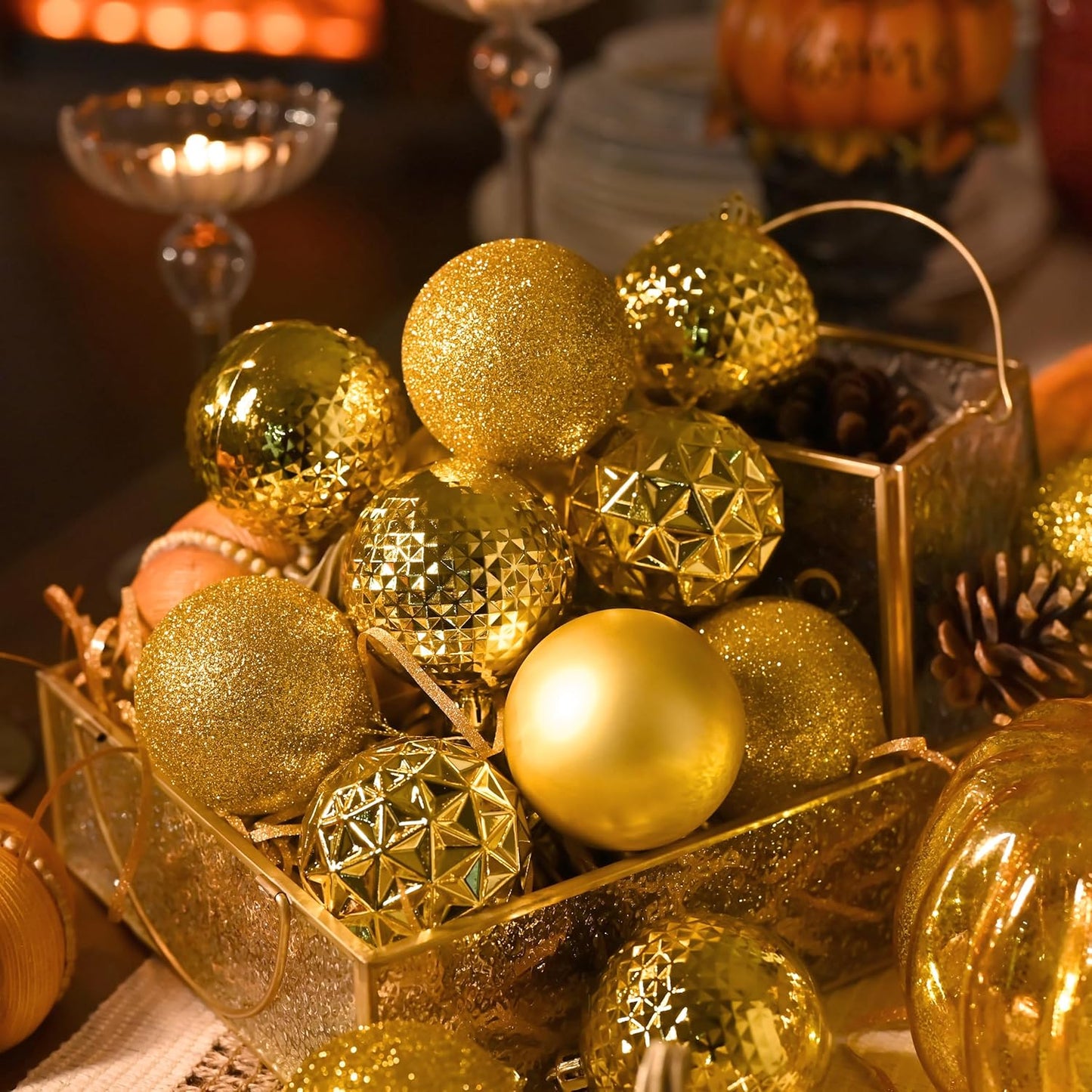 Valery Madelyn Christmas Tree Decorations Ornament Set for Fall Halloween, 50ct 2.36 Inches Gold Shatterproof Christmas Ball Ornaments Hanging Xmas Holiday Party Decor