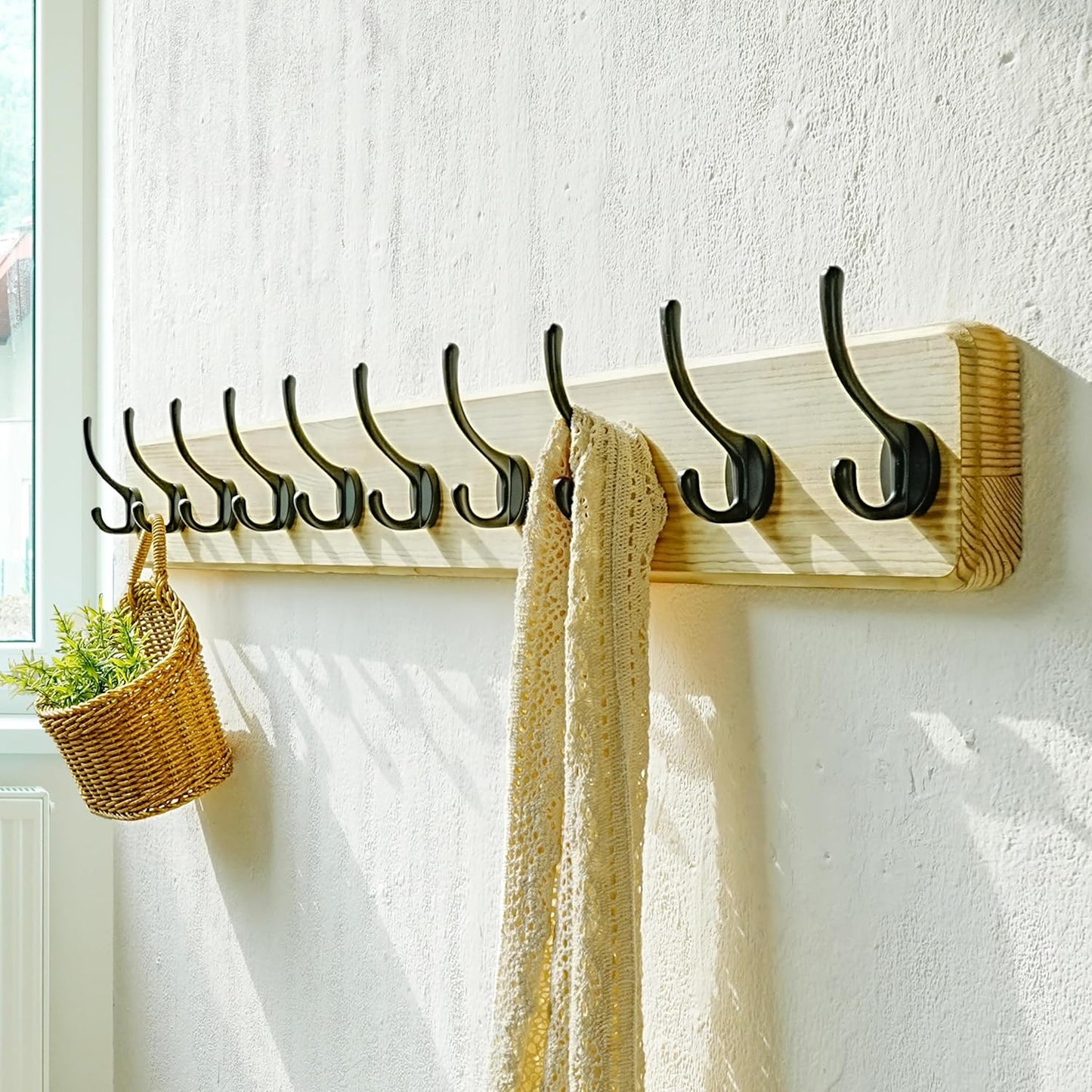 Dseap Coat Rack Wall: 38-1/4" Long, Patented, Heavy-Duty, 10-Double-Hooks Wooden Wall Mounted Coat Rack Coat Hanger Hook Rail for Winter Coats Hat Jacket Clothing, Light Brown