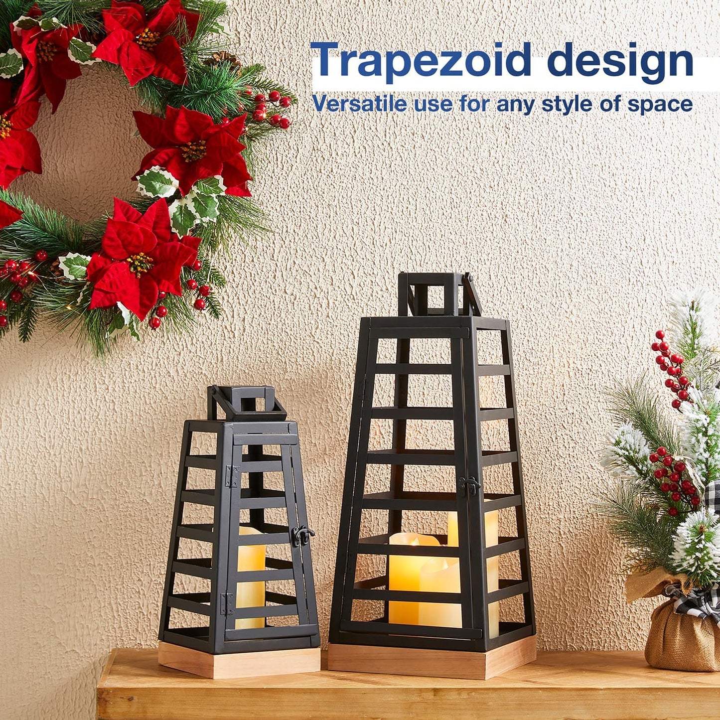 Glitzhome Set of 2 Modern Trapezoid Metal/Wood Decorative Lanterns,Large Candle Lanterns for Living Room,Home,Indoor, Outdoor,Table,Fireplace Mantle Decor -Black(No Glass)