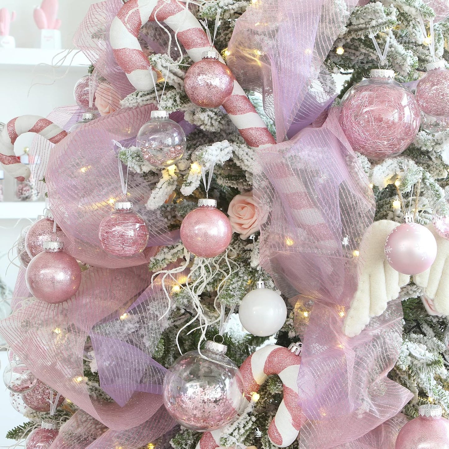 Sea Team Christmas Baubles Set, Shatterproof Clear Plastic Christmas Baubles Multi-Size Decorative Baubles with Stuffed Delicate Decorations (25 Pieces, Pink)