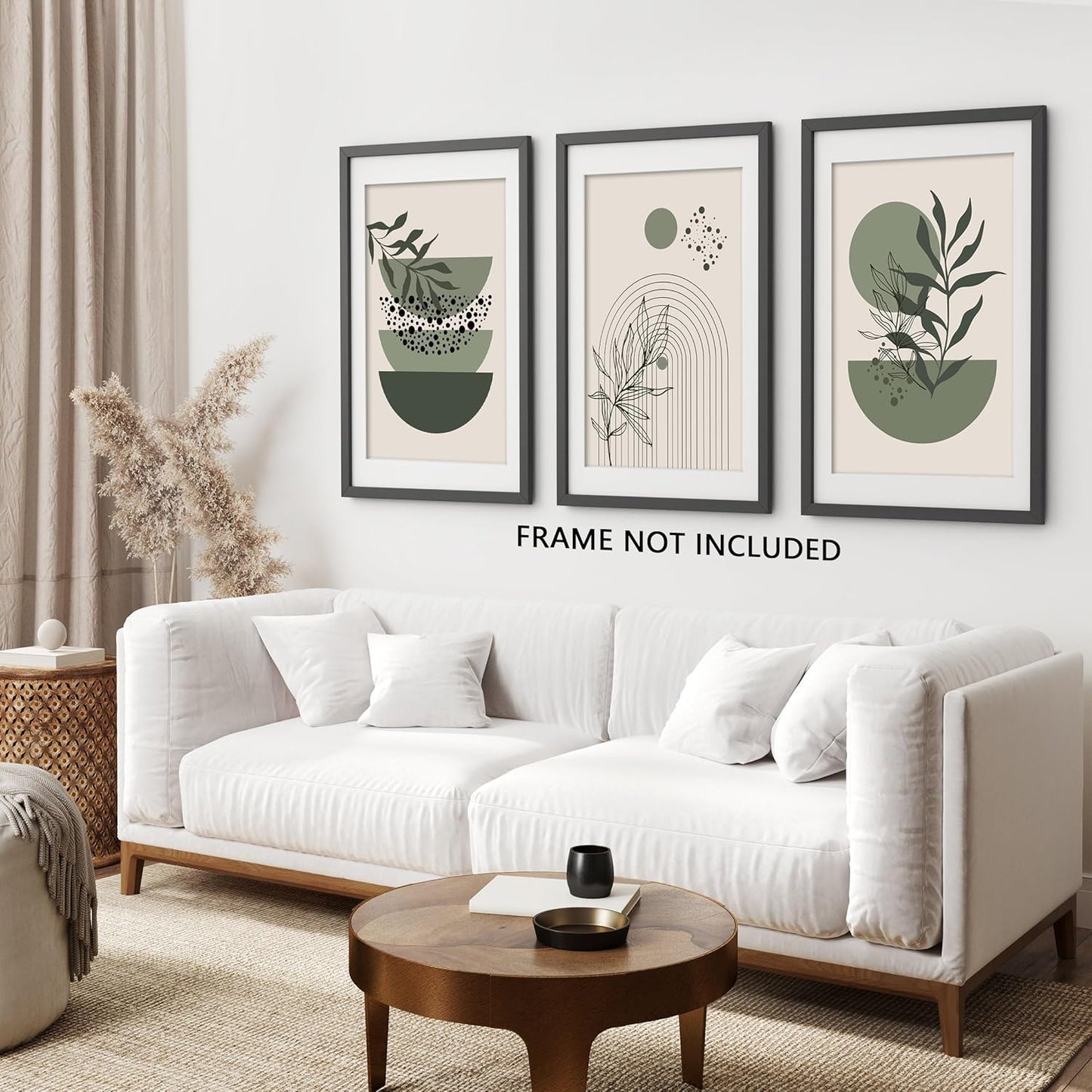 Sage Green Boho Wall Art Set of 3 Abstract Minimalist Geometric Line Poster Green Botanical Leaf Canvas Prints Modern Artwork Painting Decor for Living Room Bedroom Office 12x16 in Unframed