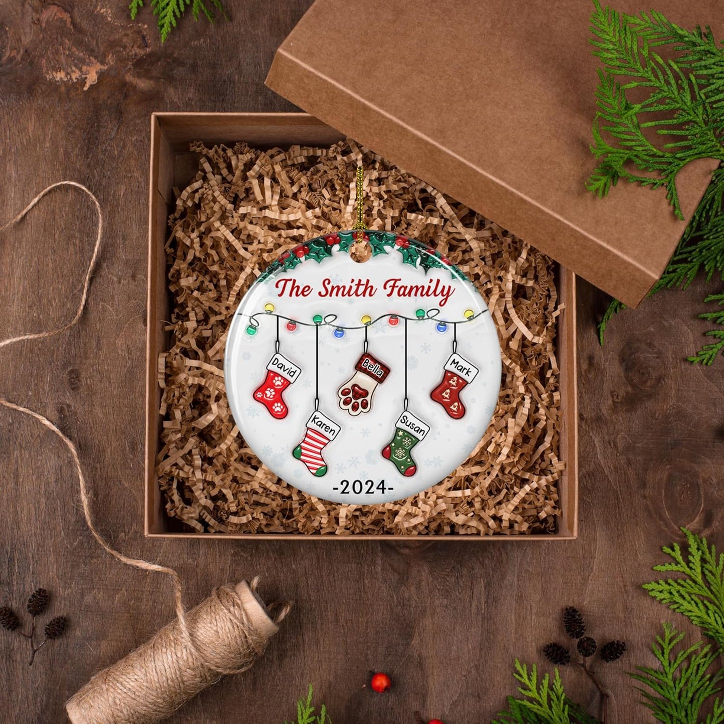 Stocking Personalized Family Christmas Ceramic Ornament 2025-3D Inflated Effect Custom Name Hanging Stock up to 10 Members, First Xmas as A Family Ornament Gifts (A04, 4 Names)