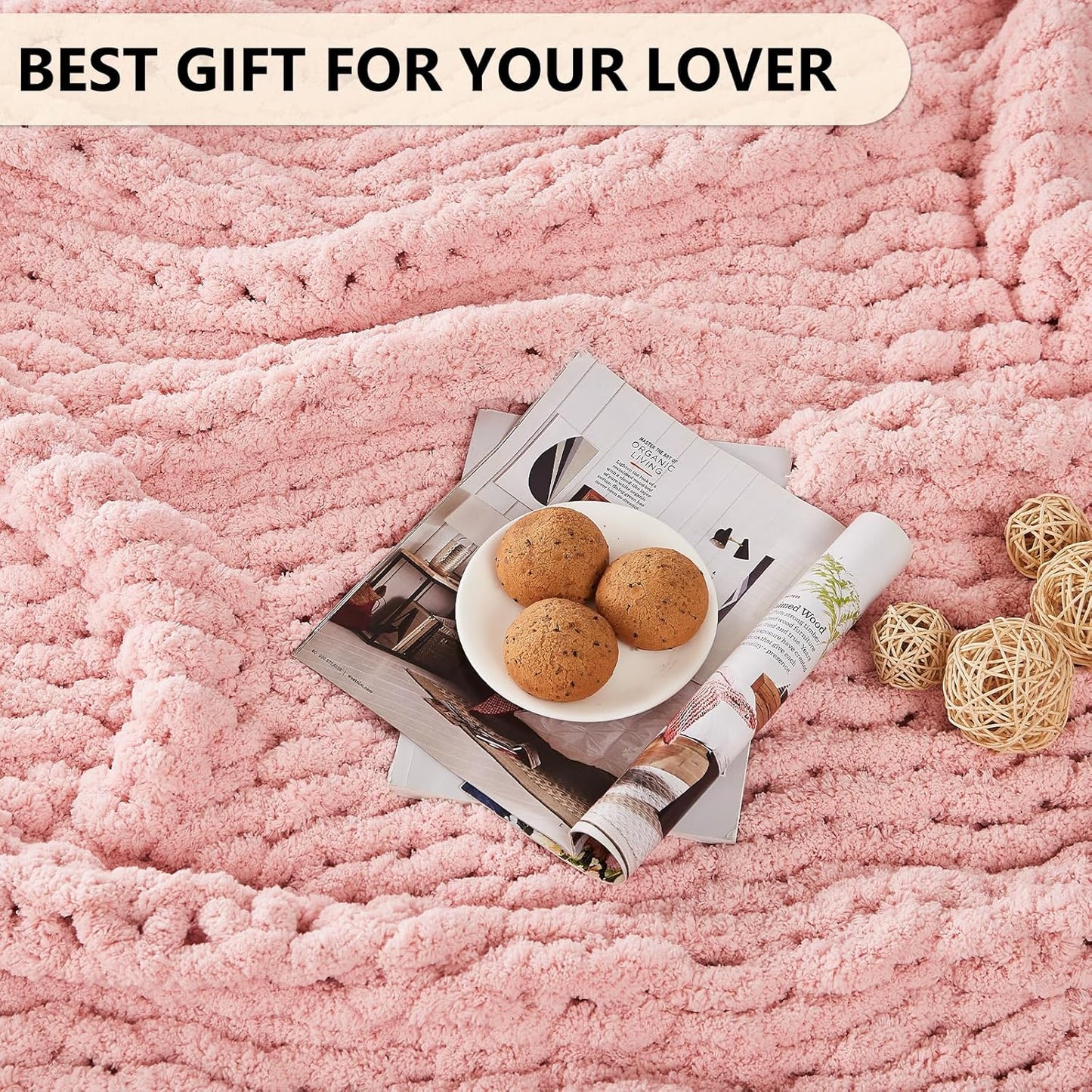 L'AGRATY Chunky Knit Blanket Throw - Soft Chenille Yarn Throw Blanket 40x50: Handmade Thick Knit Crochet Blanket - Large Chunky Rope Pink Throw Blanket for Couch Sofa Bed Home Decor