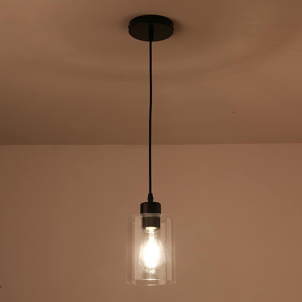 Modern Black Farmhouse Clear Glass Cylinder Pendant Light Fixture,Island Lights for Kitchen,Mini Pendant Lighting for Kitchen Island Decor - 4.75 Inch Shade, 2-58 Inch Cord(1 Pack)