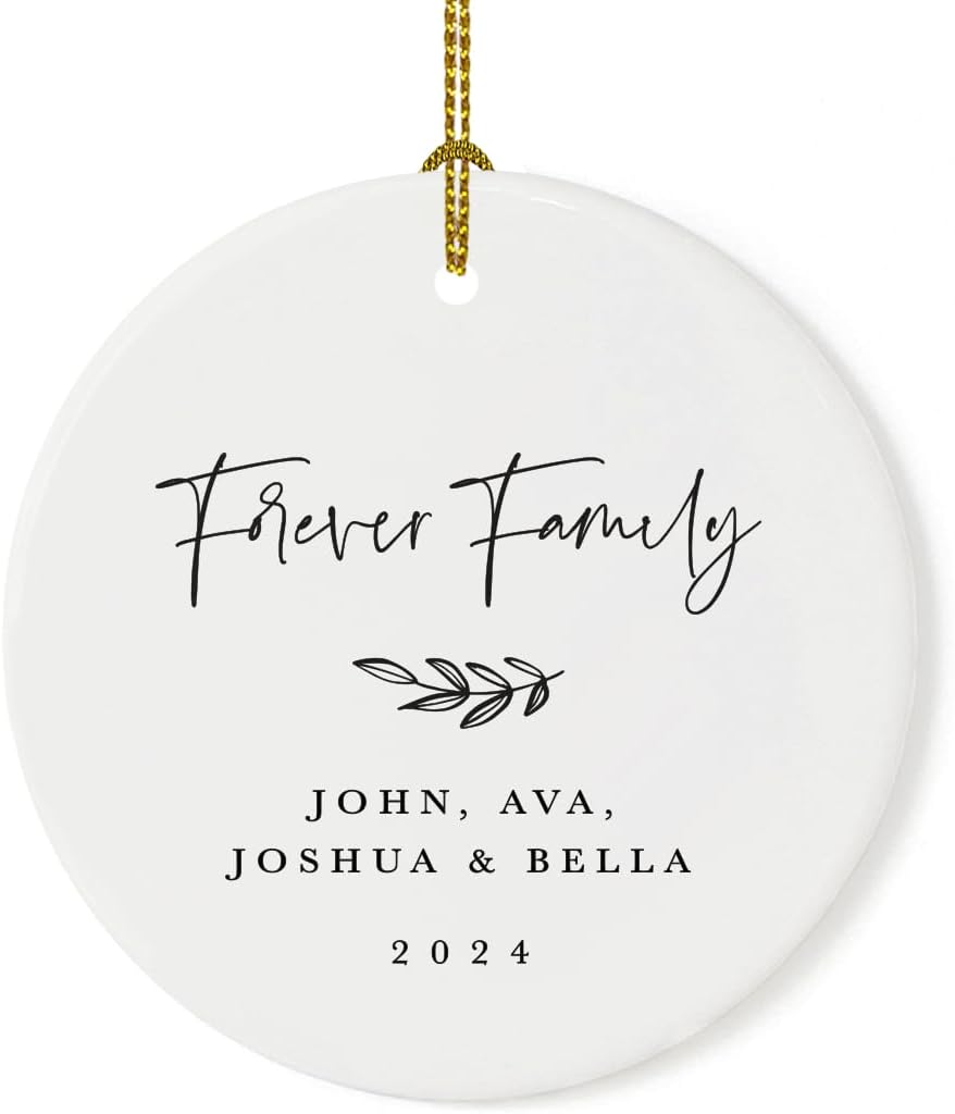 Andaz Press Personalized Adoption Round Ceramic Porcelain Christmas Tree Ornament Keepsake Collectible Gift, Forever Family 2025, Antique Handdrawn, 1-Pack Adoption Ornament 2025