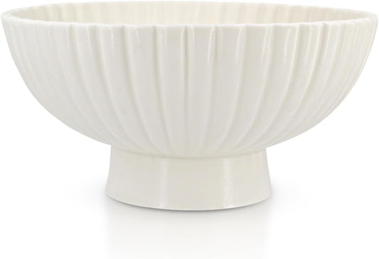 White Ceramic Fluted Decorative Bowl - 8 inch Fruit Footed Bowl for Kitchen Counter, Modern Key Pedestal Ruffle Bowl for Entryway Table & Home Organization-Fits Bread, Fruits, Salad or Popcorn