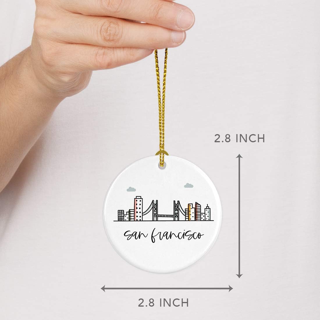Andaz Press Round Ceramic Porcelain Christmas Tree Ornament Keepsake, San Francisco, Colorful City Skyline Graphic, 1-Pack, Birthday Gift Ideas Family Coworker Him Her, Includes Gift Box