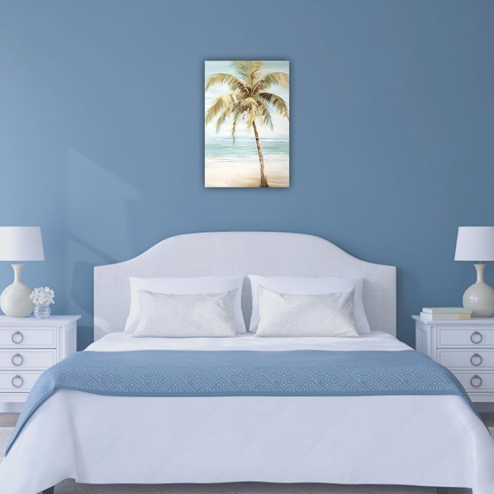 LURENCZH Tropical Beach Canvas Wall Art Seaside Palm Tree Picture Wall Decor Ocean Scenery Painting Prints for Bathroom Decor Framed(Beach-1,24.00" x 36.00")