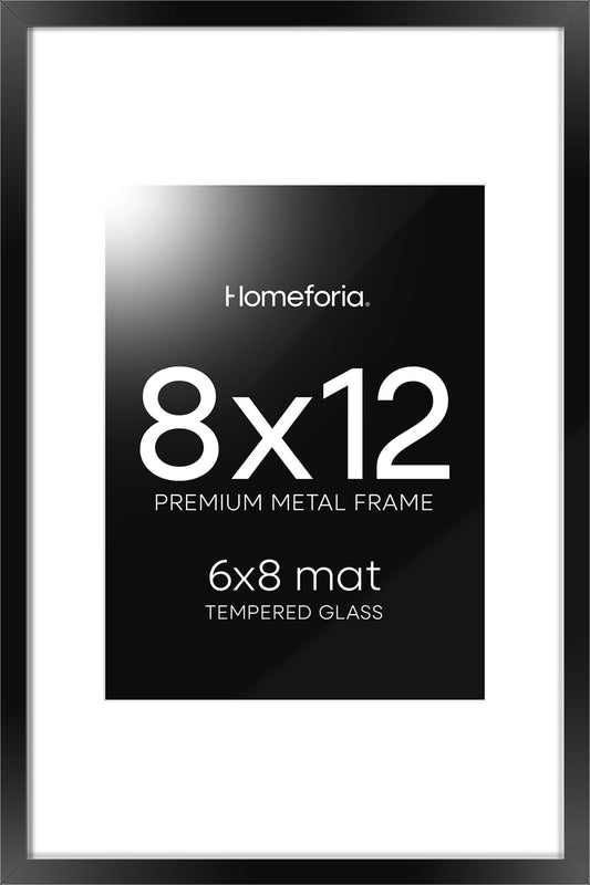 Homeforia 8x12 Picture Frame Black, High End Metal 8 x 12 Poster Frames with Mat 6 by 8 for Photo, 12x8 Frame Matted to 6x8 inch Print, 8by12 Wall or Tabletop Frame, Tempered Glass, Wall Kit, Set of 1