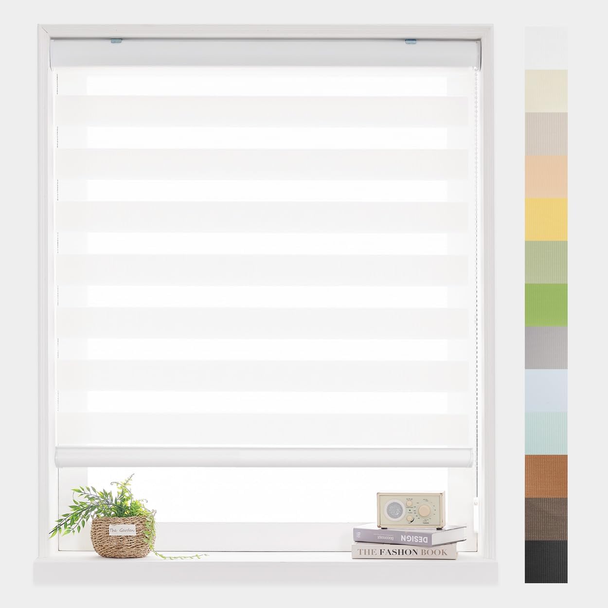 Foiresoft Standard Zebra Roller Blinds for Windows [W37 x H64 Inch, White, Basic], Light Filtering Dual Layer Shades for Bedroom, Living Room, Office, 13 Colors