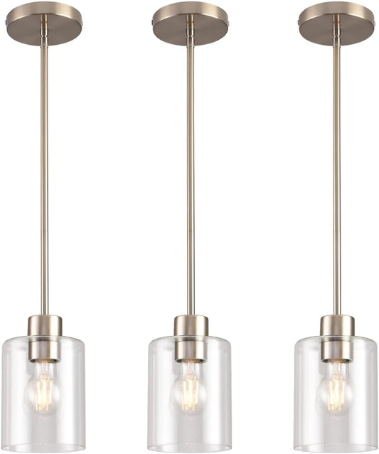 Brushed Nickel Pendant Lights Kitchen Island - Clear Glass Pendant Light Fixture Multiple Stems Rods 3 Units 12 Inch 3 Units 4 Inch (3 Pack Brushed Nickel)