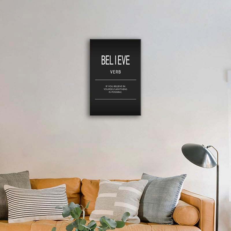 WYJDFART Inspirational Wall Art Office Decor Believe Verb Motivational Positive Posters Printed Modern Home Decor Canvas Painting Artwork Living Room Stretched and Framed Ready to Hang[12" W X 18" H]