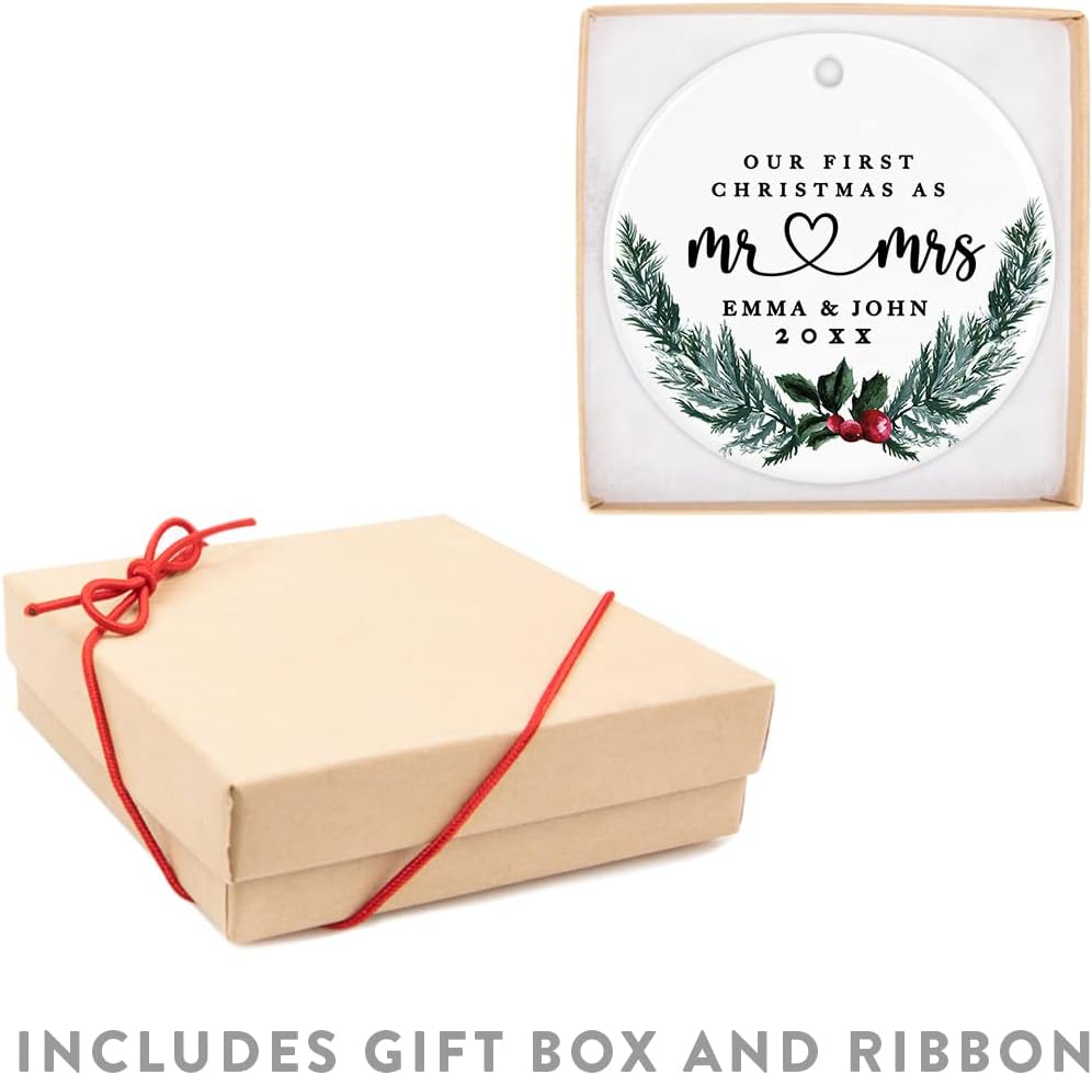 Andaz Press Personalized Our First Christmas As Mr. & Mrs. Christmas Ornaments Holly & Pine Wreath 2.8" Round Porcelain Ceramic Custom 1St Year Married Christmas Ornament 2024 for Newlyweds 1-Pack