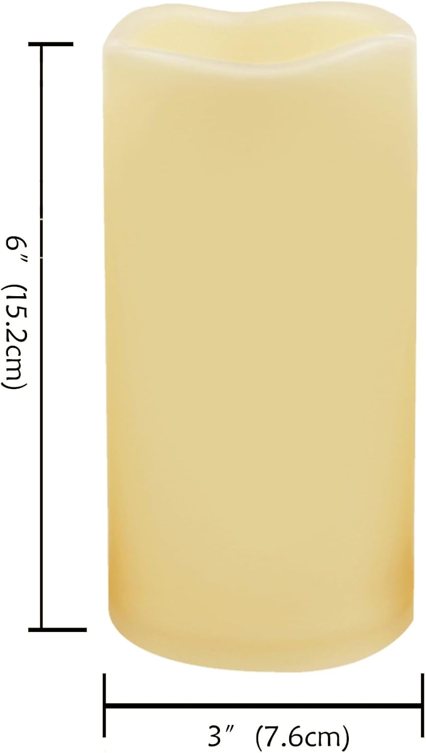 CANDLE CHOICE Waterproof Outdoor Battery Operated Flameless Candles Remote Timer Ivory Plastic Realistic Flickering Fake Electric LED Pillars Lantern Garden Wedding Christmas Decorations 3”x6” 6 Pack