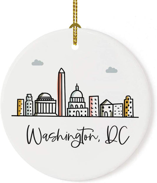 Andaz Press Round Ceramic Porcelain Christmas Tree Ornament Keepsake Gift, Washington, Dc, Colorful City Skyline Graphic, 1-Pack, Birthday Family Coworker Includes Gift Box Washington Dc Ornament 2024