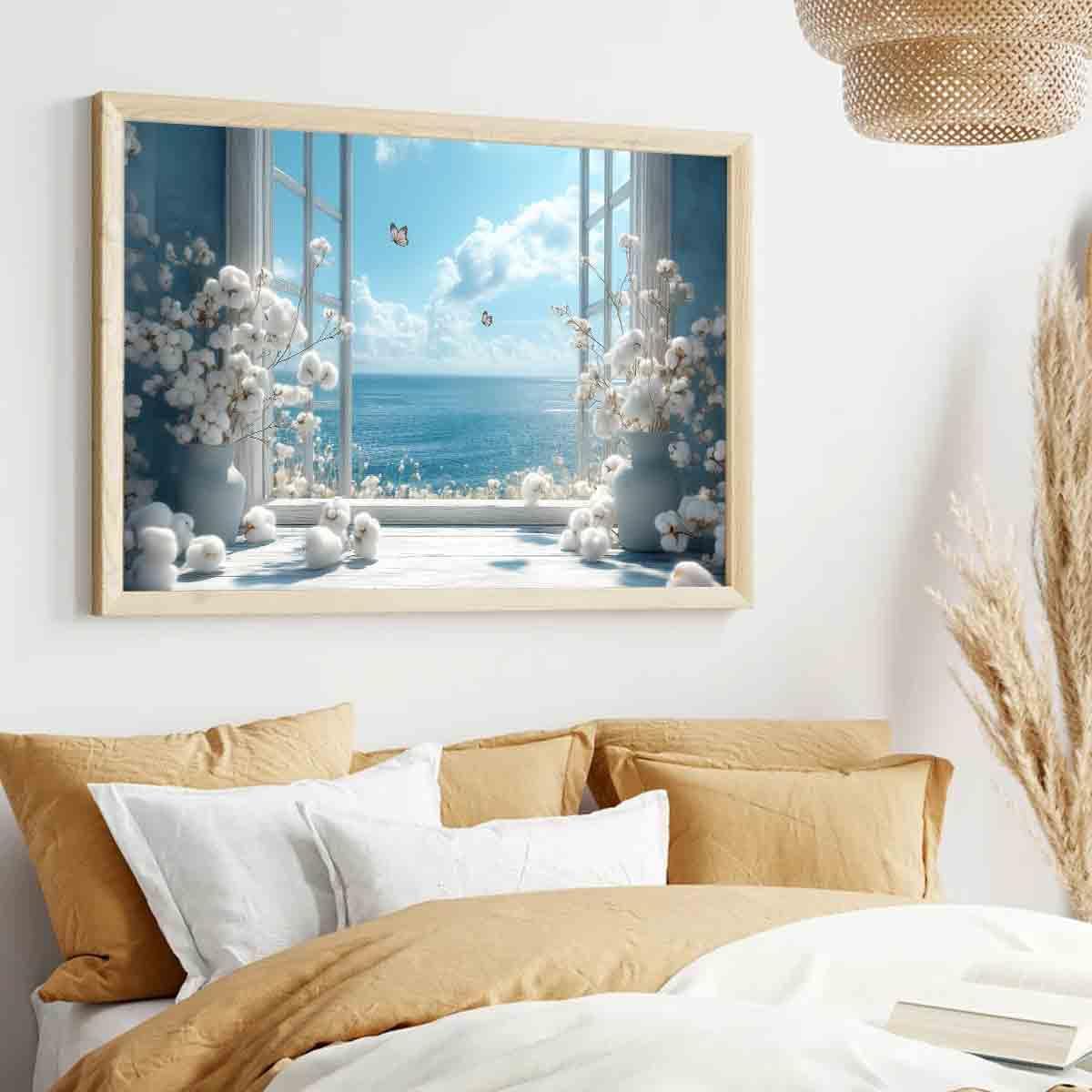 Open Window Canvas Wall Art Cotton Bouquet Wall Art White Flower Painting Blue Sea Picture Coastal Flower Painting Still Life Pictures Relaxing Living Room Decor 16x24inch No Frame