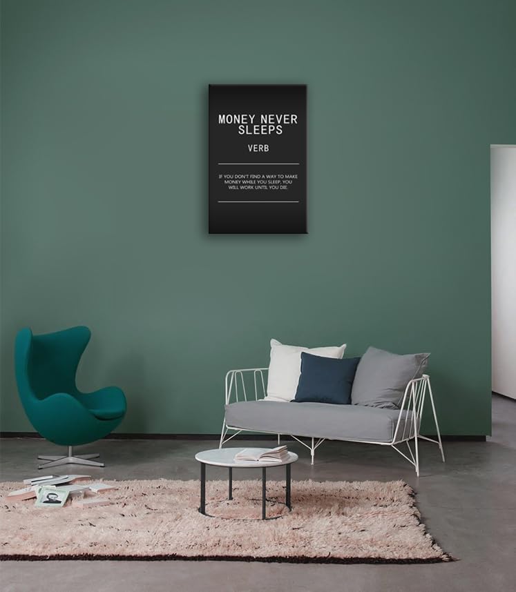 Inspirational Wall Art for Office Quotes Theme Wall Decor for Money Never Sleeps Verb Motivational Canvas Prints Framed Wall Art Inspiration Home Living Room Decor Framed[24" W x 36" H]