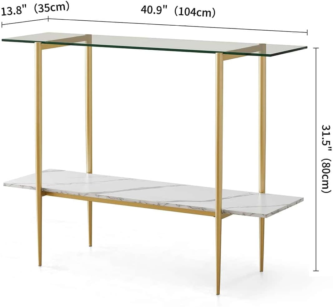 Glass Console Table for Living Room, Foyer & Entrance, 2-Tiers Mid-Century Modern Sofa Table with Clear Glass Top, White Marble Finish Wood Shelf and Gold Finish Frame