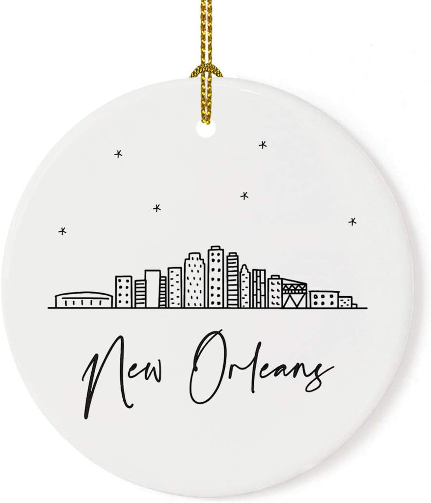 Andaz Press Round Ceramic Porcelain Christmas Tree Ornament Keepsake Gift, New Orleans, Black and White Stars City Skyline Graphic, 1-Pack, Birthday Ideas Family Coworker Him Her, Includes Gift Box