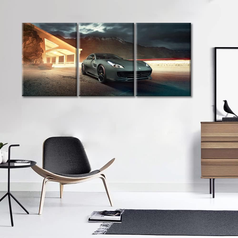 TUMOVO Sports Car Modern Wall Art Cool Gray Supercar Hypercar Abstract Picture Contemporary Artwork Print On Canvas 3 Pieces Bedroom Wall Art Pictures for Living Room Framed Ready to Hang, 36" Wx16 H