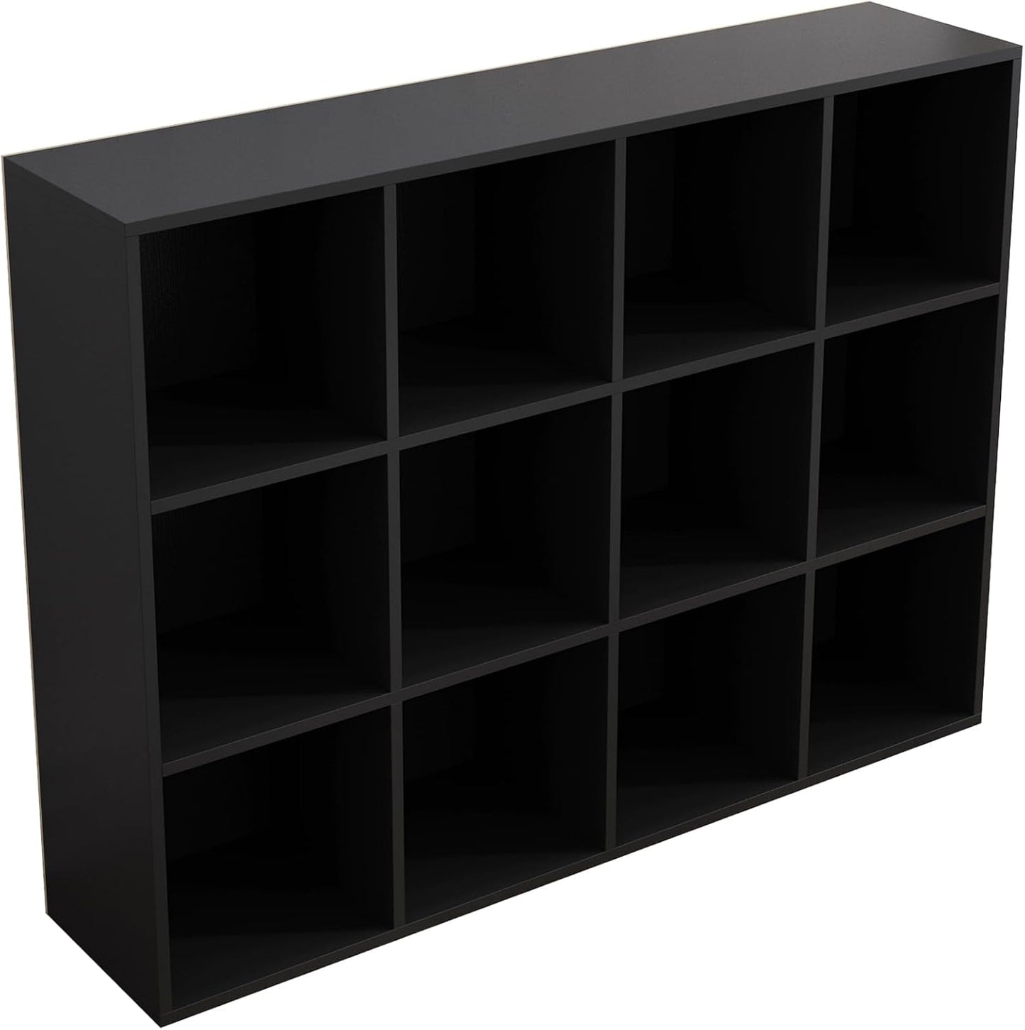 12-Cube Storage Shelf Bookcase - Wooden 3-Tier Floor Standing Open Bookshelf for Home and Office, Display Cabinet, Black