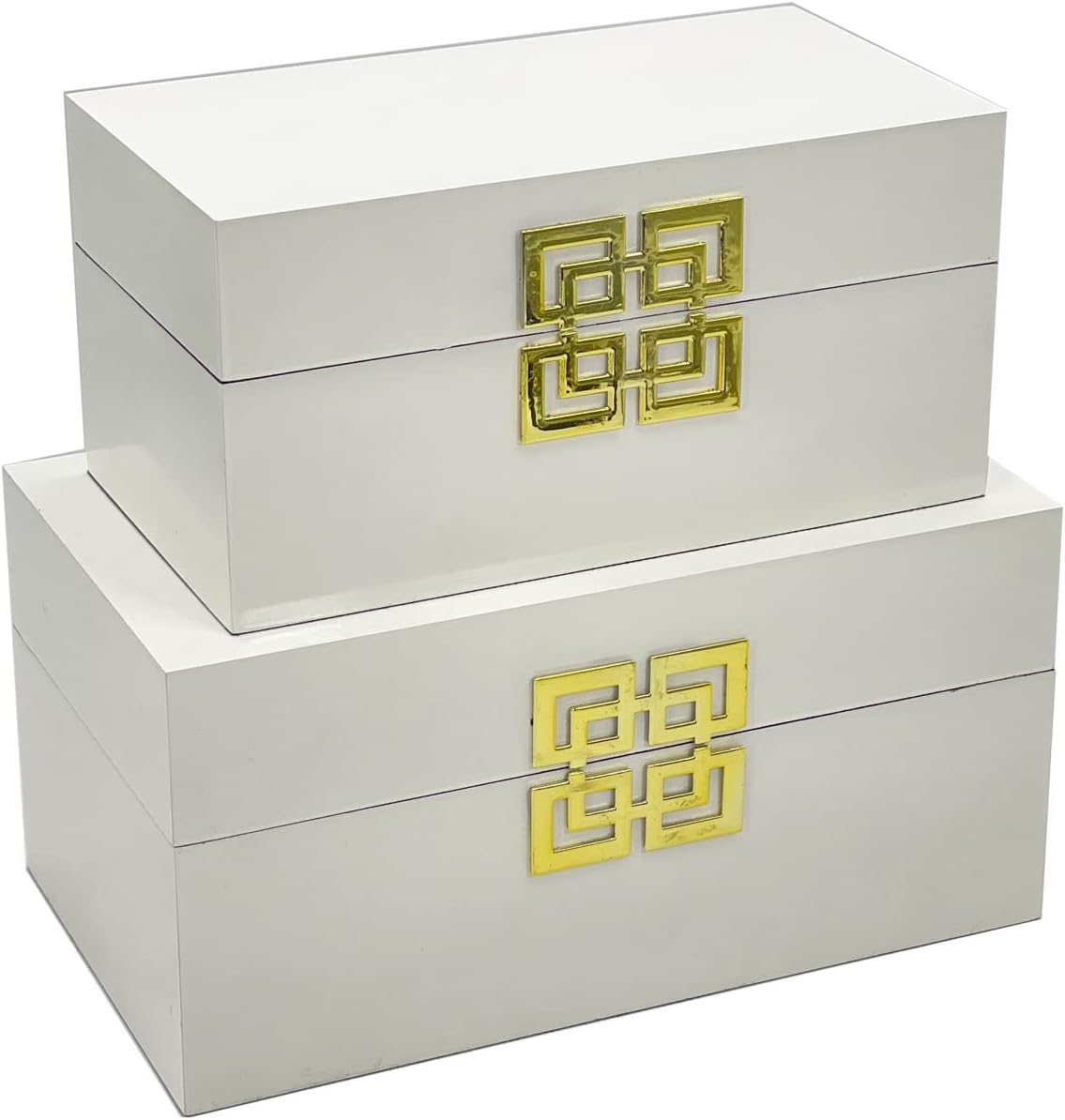 Galt International Large & Small Decorative Storage Box w/Hinged Lid - Classic Design Wood Decor Boxes with Geometric Opening Clasp - Home & Office Storage - Set of 2 (White + Gold)