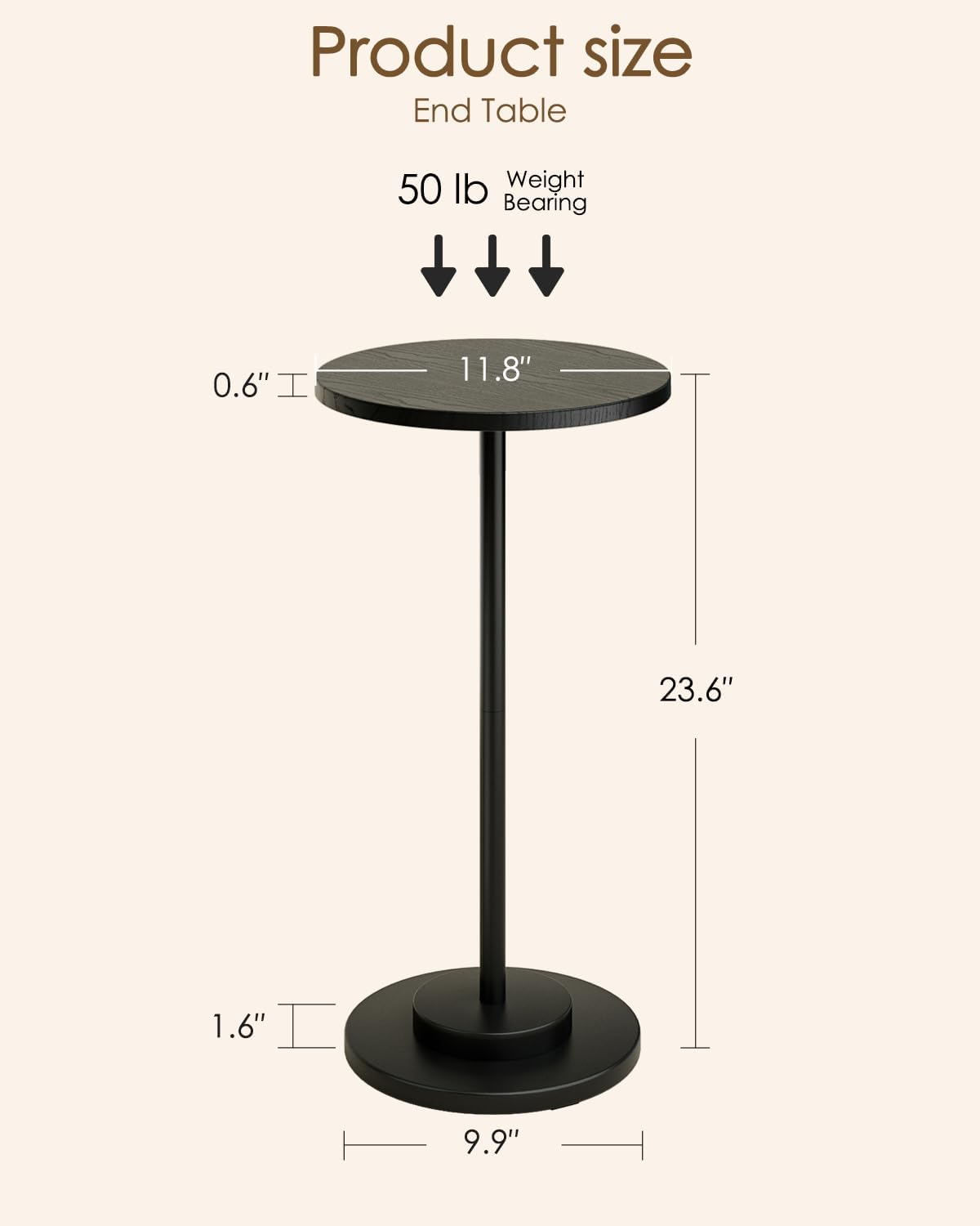 Masupu Drink Table, Round Side Table for Small Spaces, Pedestal Side Table, Small End Table with Metal Base, for Living Room, Bedroom, Bathroom, Black