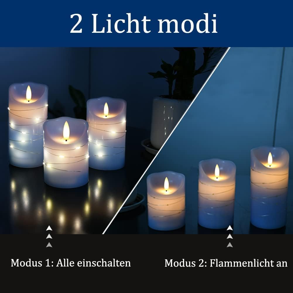 danip Sky Blue LED Flameless Candle, with Embedded Star String, 3-Piece Set of LED Candles, with 11 Button Remote Control, 24-Hour Timer Function, Dancing Flames, Real Wax, Battery Powered.