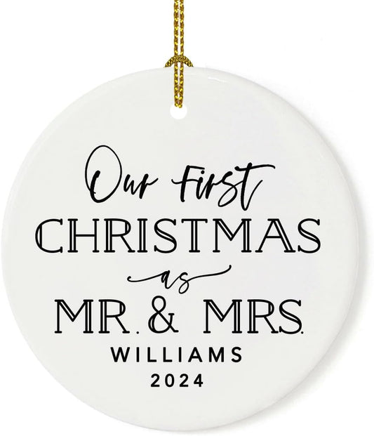 Andaz Press Personalized Our First Christmas As Mr. & Mrs. 2024 Christmas Ornaments Modern Black and White 2.8" Round Porcelain Ceramic 1st Year Married Custom Ornament Keepsake for Newlyweds 1-Pack